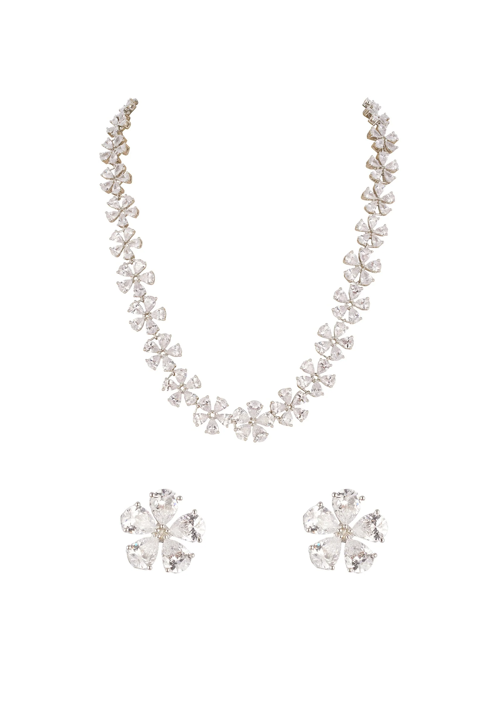 Silver Finish Necklace Set In Mix Metal With Contemporary Floral Style And White Cubic Zirconia Accents