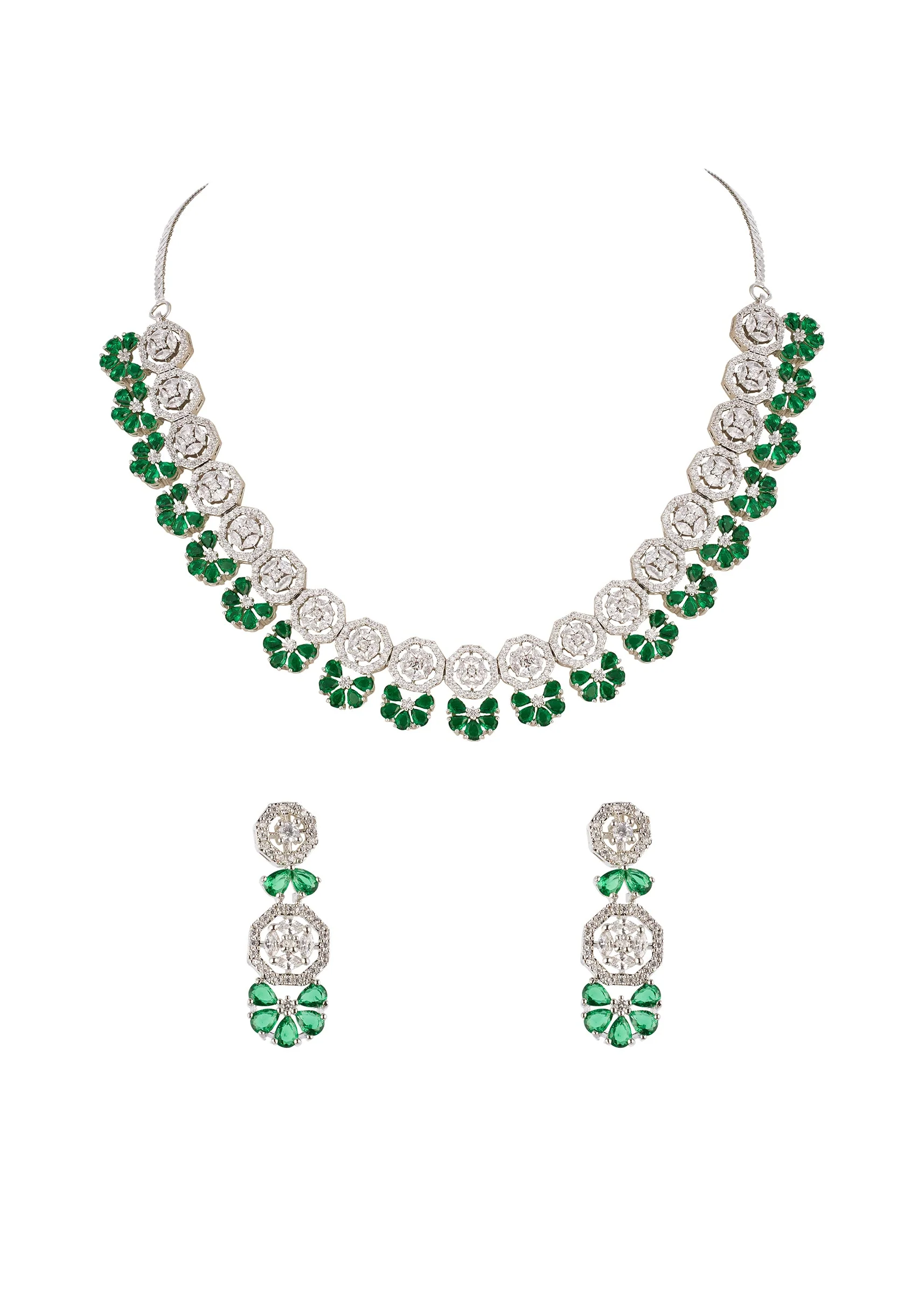 Silver Finish Necklace Set In Mix Metal With Elegant Floral Style And Green Simulated Emerald And Cubic Zirconia Accents