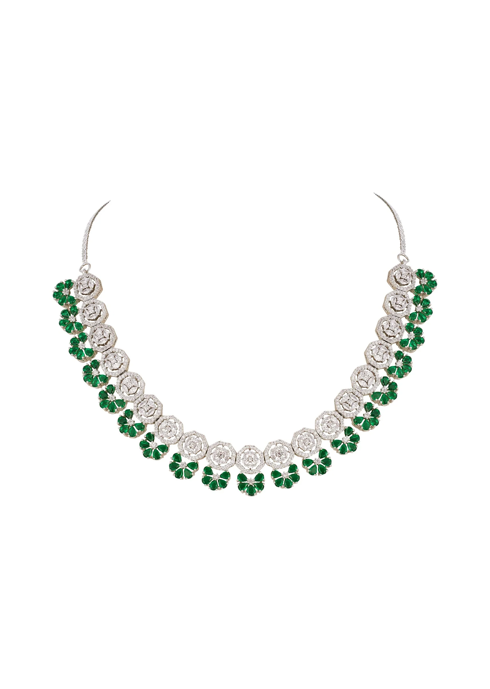 Silver Finish Necklace Set In Mix Metal With Elegant Floral Style And Green Simulated Emerald And Cubic Zirconia Accents - Image 2