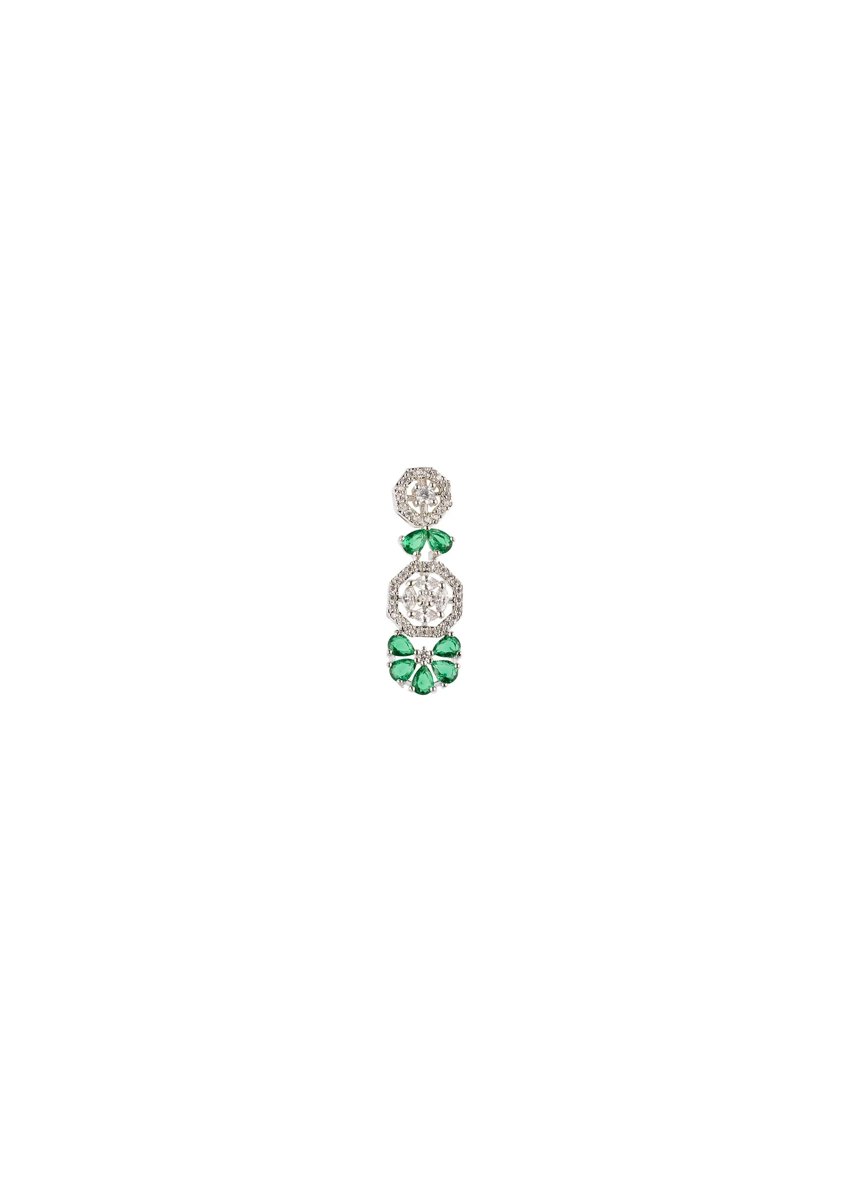 Silver Finish Necklace Set In Mix Metal With Elegant Floral Style And Green Simulated Emerald And Cubic Zirconia Accents - Image 4