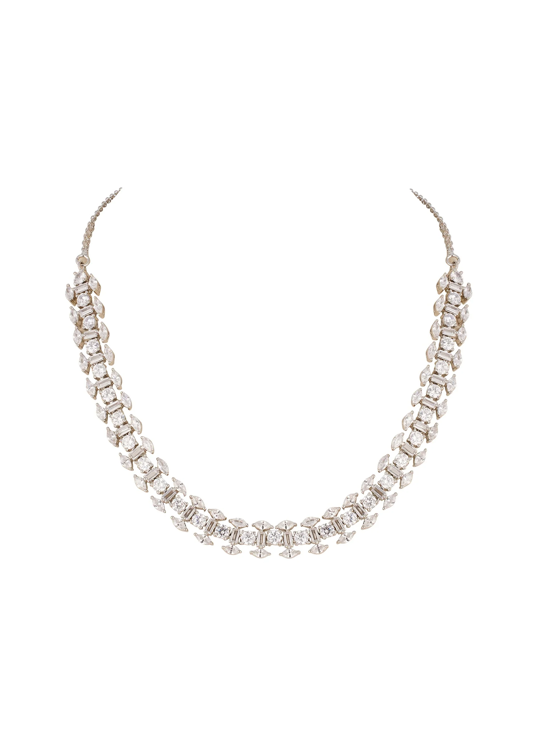 Silver Finish Necklace Set In Mix Metal With Modern Geometric Style And White Cubic Zirconia Accents - Image 2