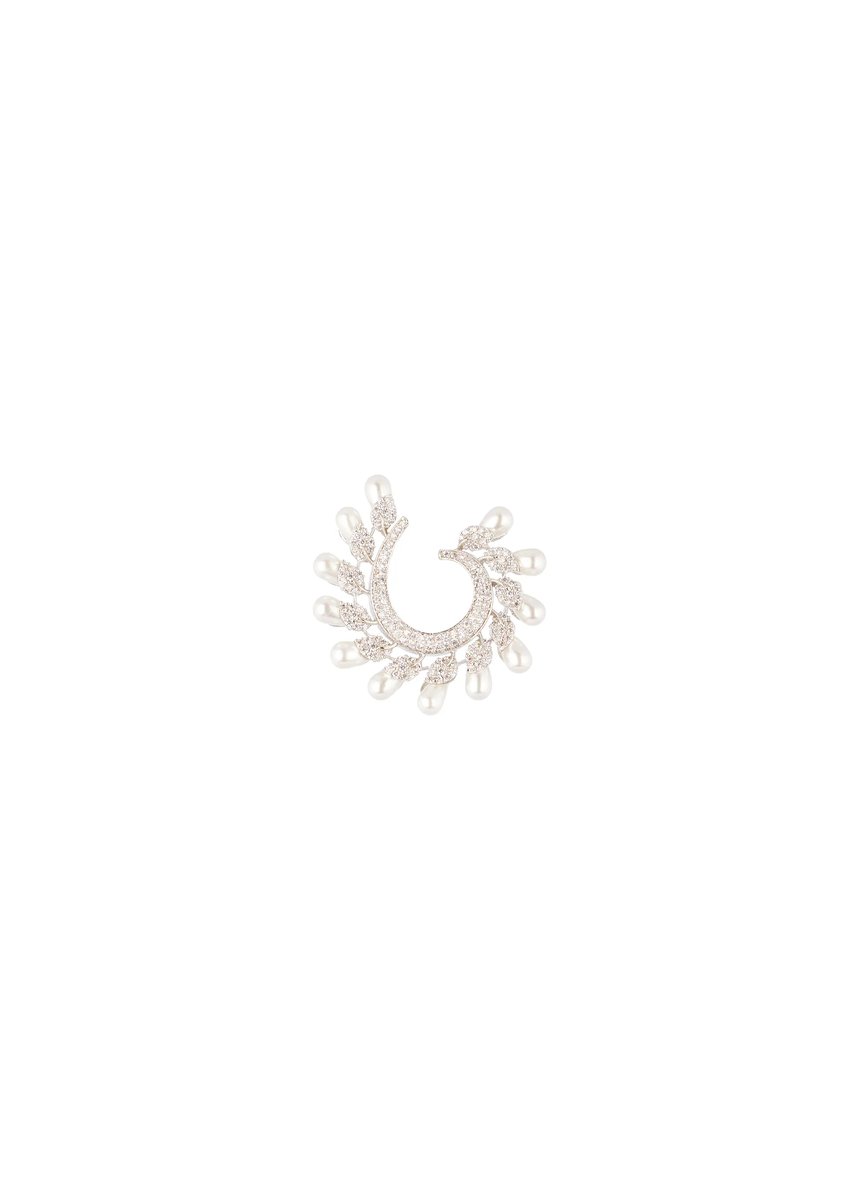Silver Finish Pavè Set C Hoop Earrings With White Simulated Pearls and Clear Crystal Accents - Image 2