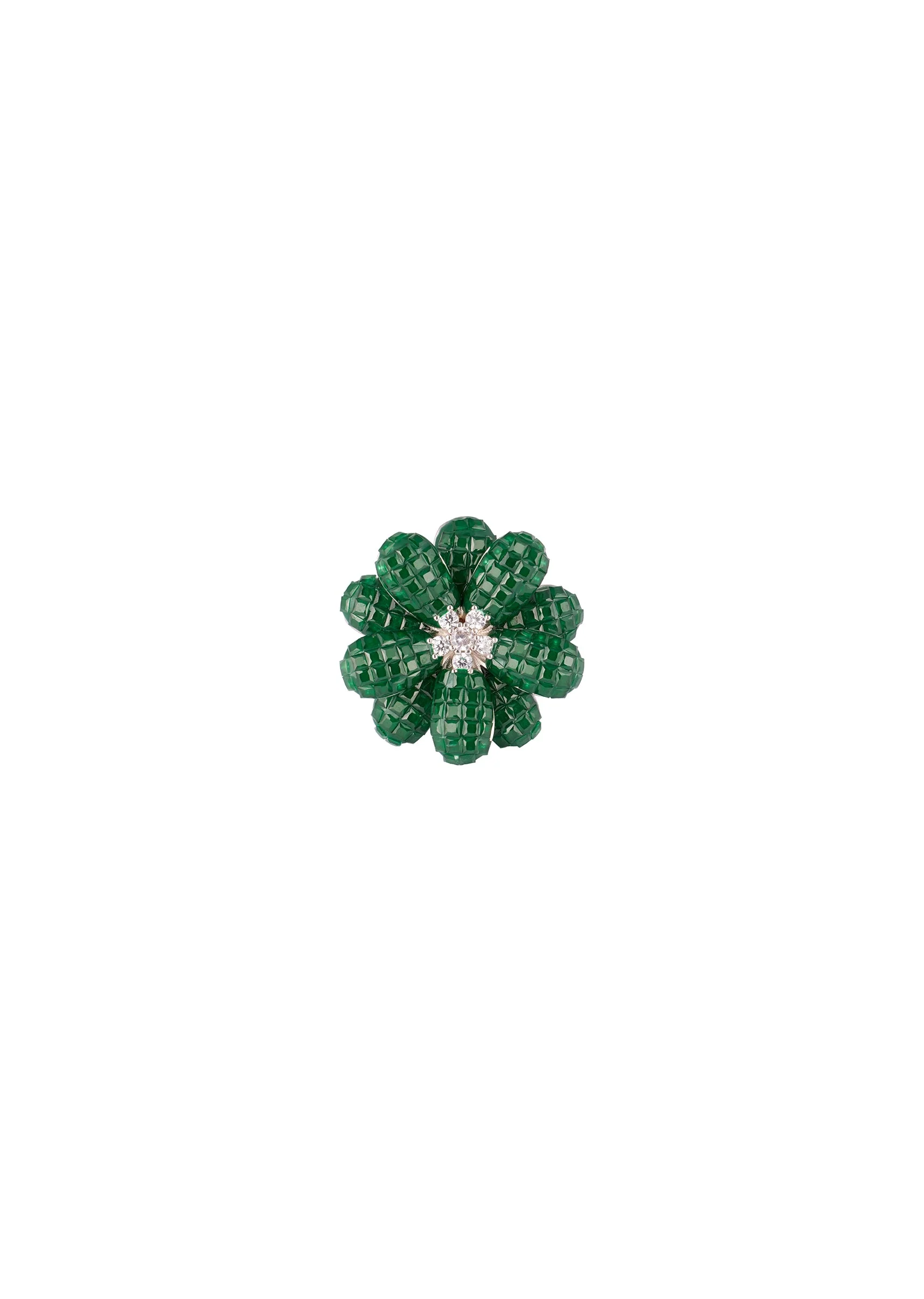 Silver Finish Ring in Flower Design with Green Onyx and Cubic Zirconia Detailing