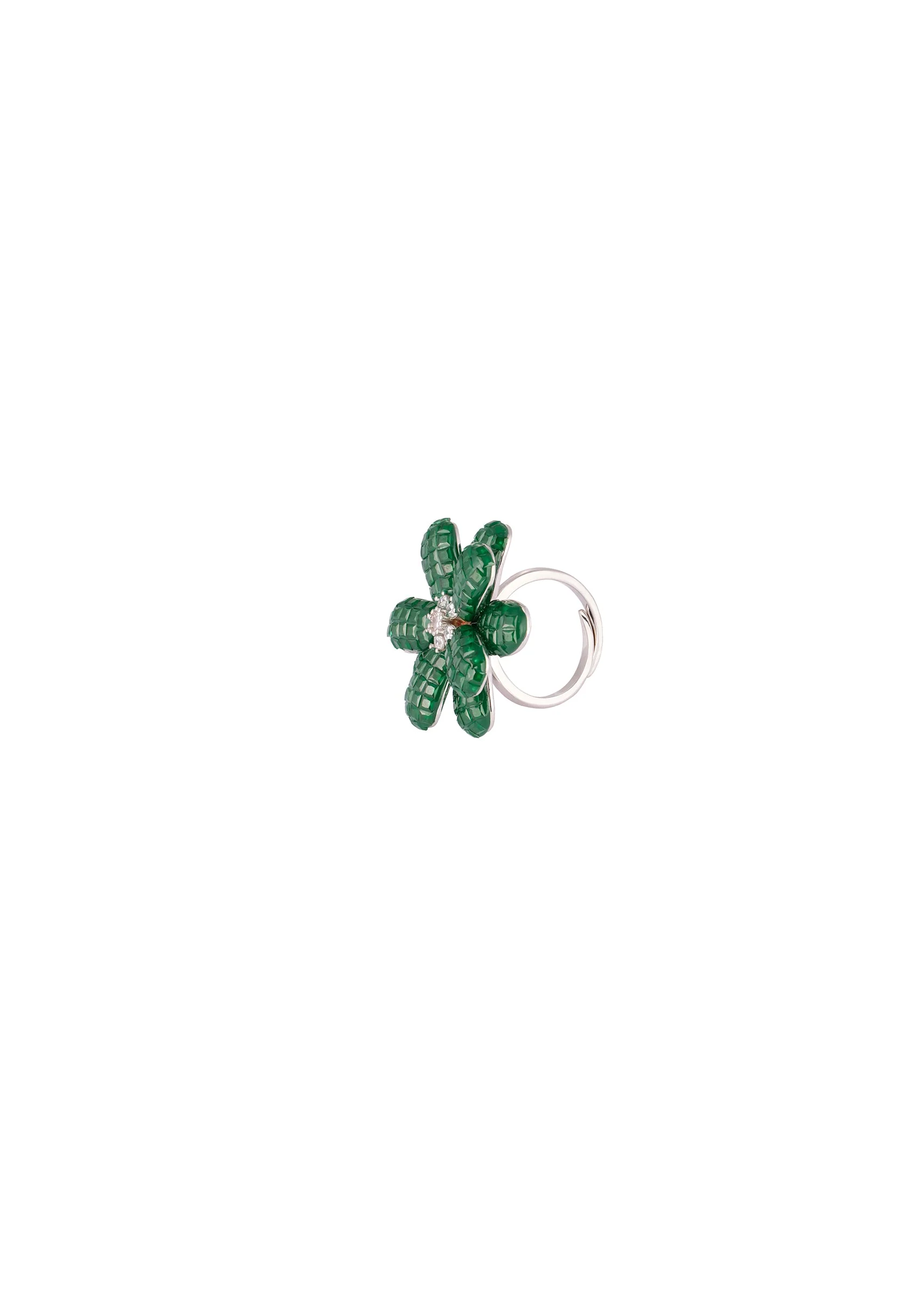 Silver Finish Ring in Flower Design with Green Onyx and Cubic Zirconia Detailing - Image 2