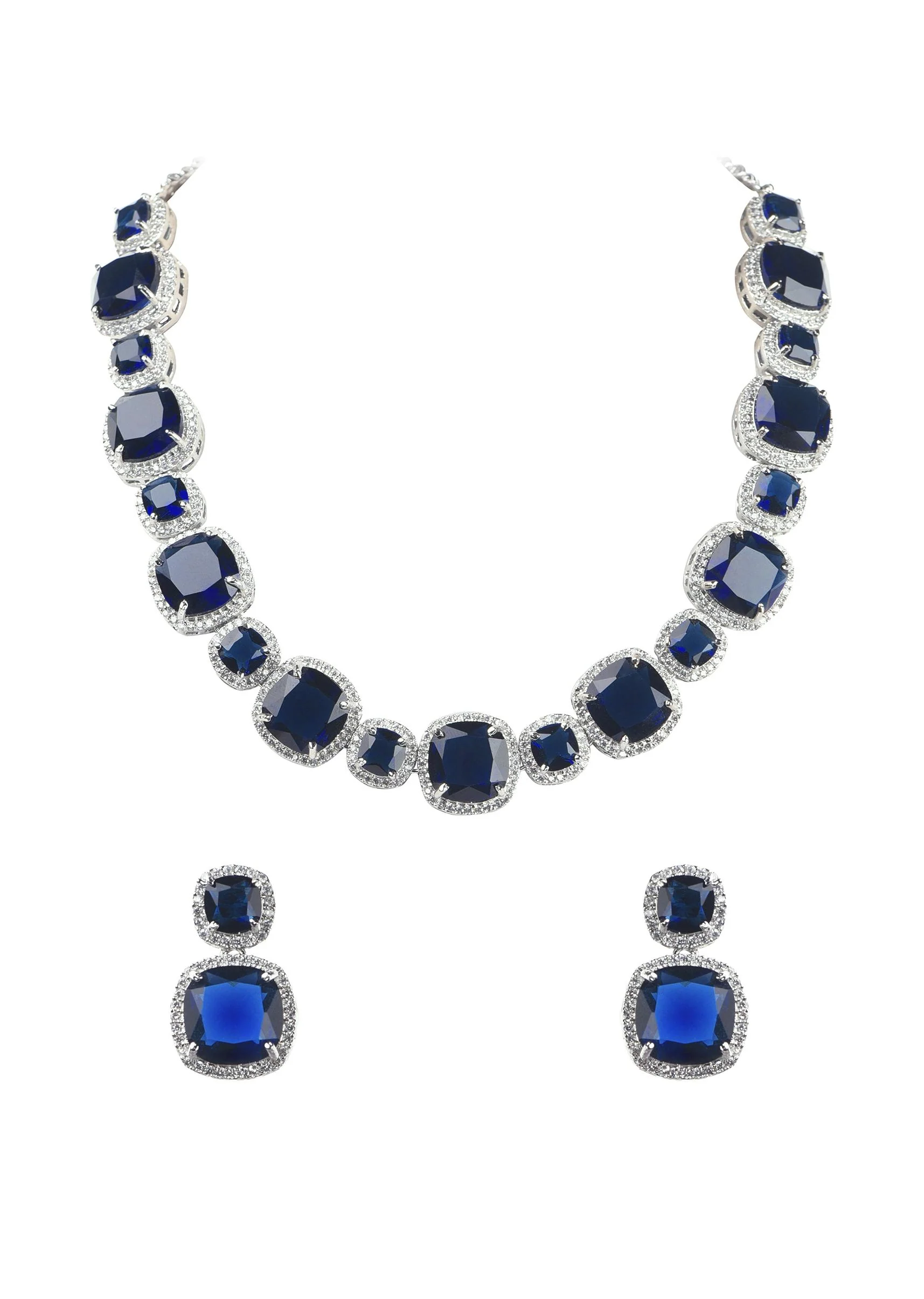 Silver Finish Saphhire Necklace And Earring Set In Mix Metal - Image 3