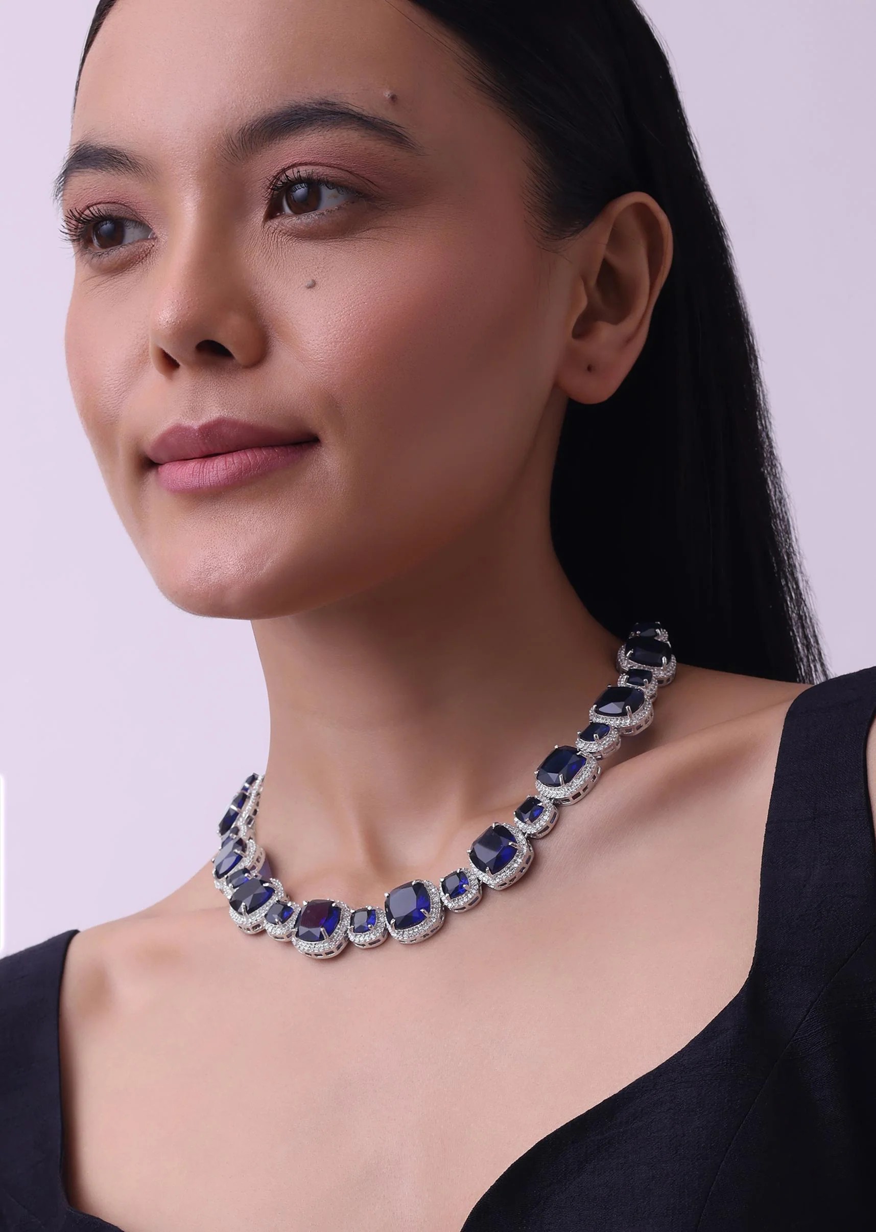 Silver Finish Saphhire Necklace And Earring Set In Mix Metal - Image 4