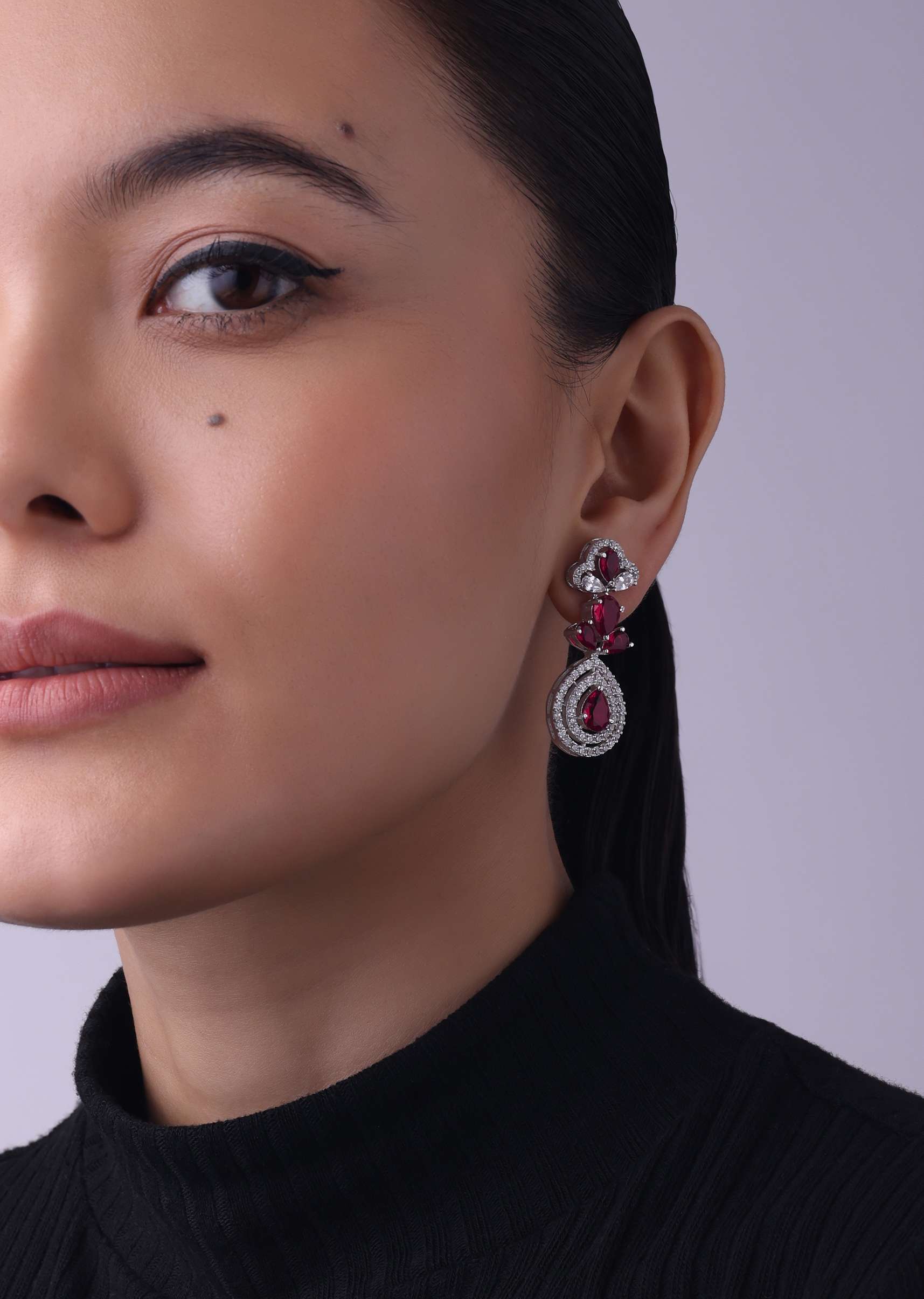 Silver Finish Short Necklace And Earring Set In Mix Metal With Ruby Stones