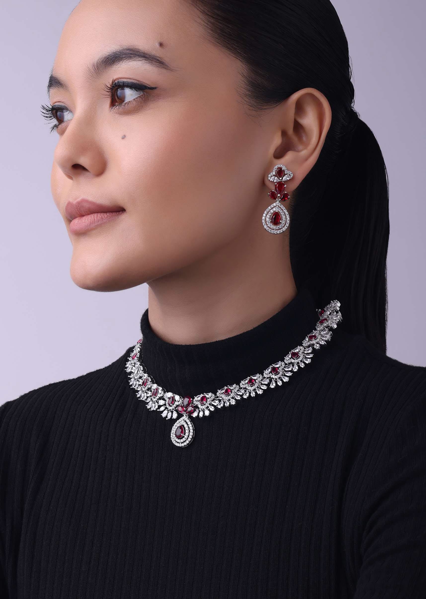 Silver Finish Short Necklace And Earring Set In Mix Metal With Ruby Stones - Image 2