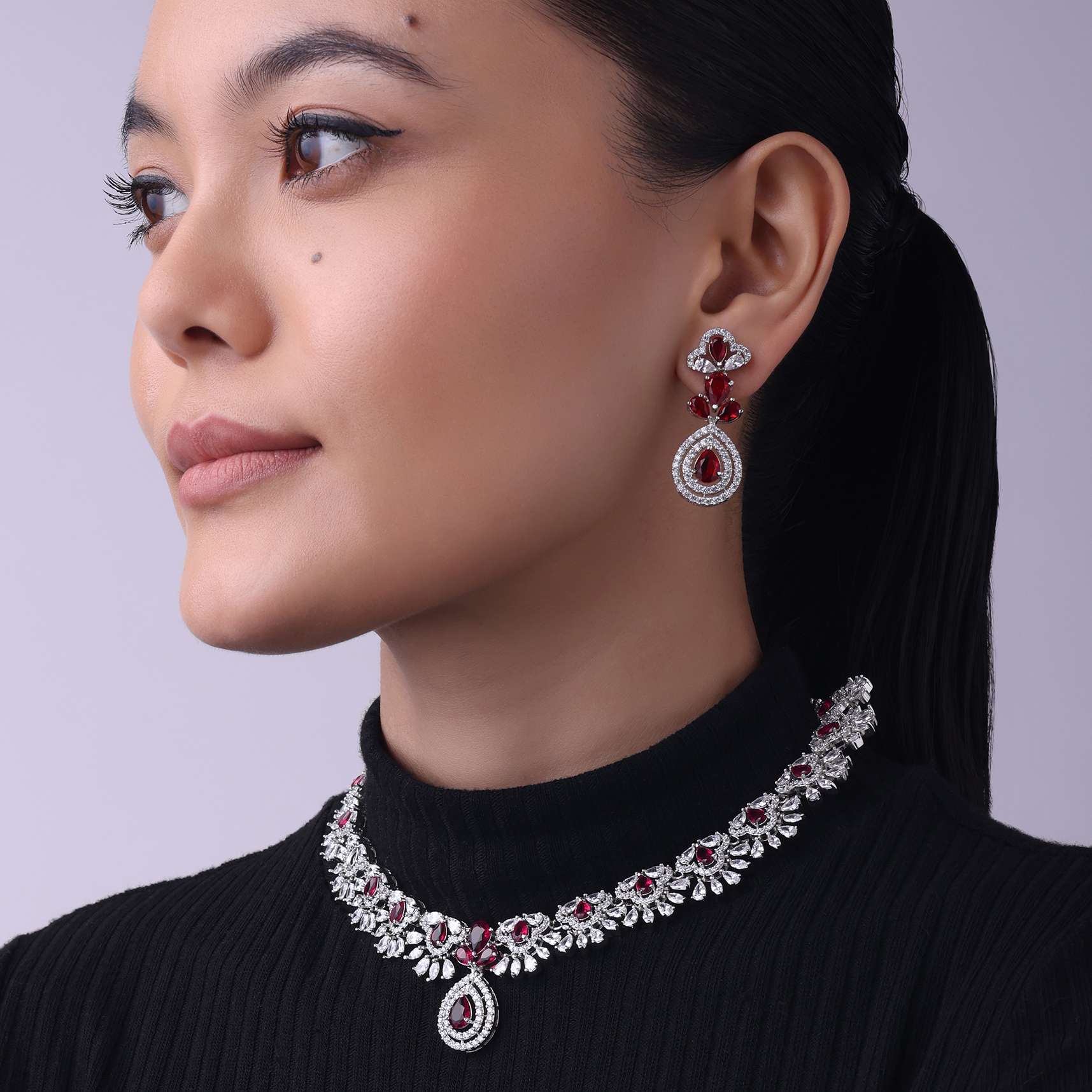 Silver Finish Short Necklace And Earring Set In Mix Metal With Ruby Stones - Image 3