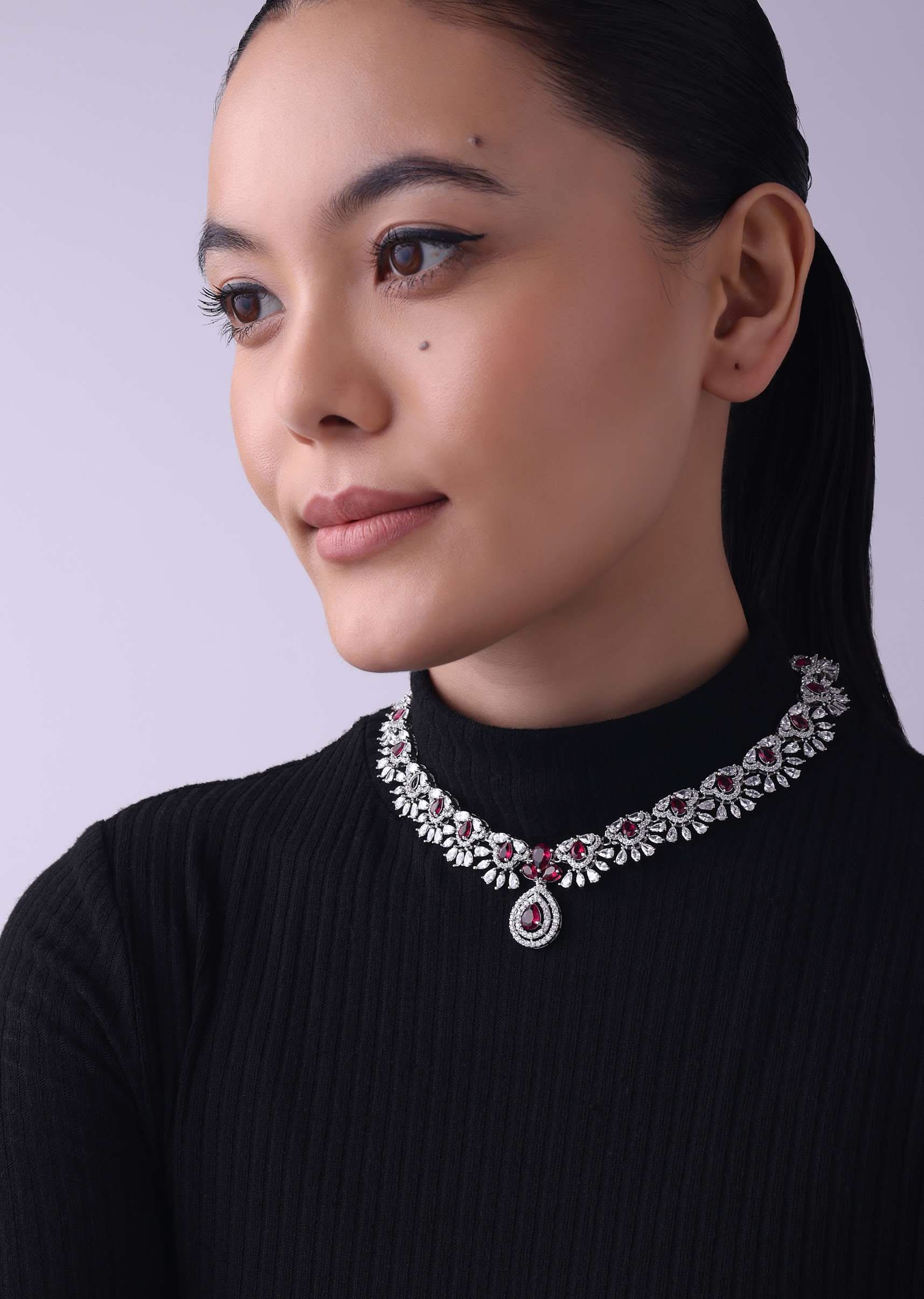 Silver Finish Short Necklace And Earring Set In Mix Metal With Ruby Stones - Image 4