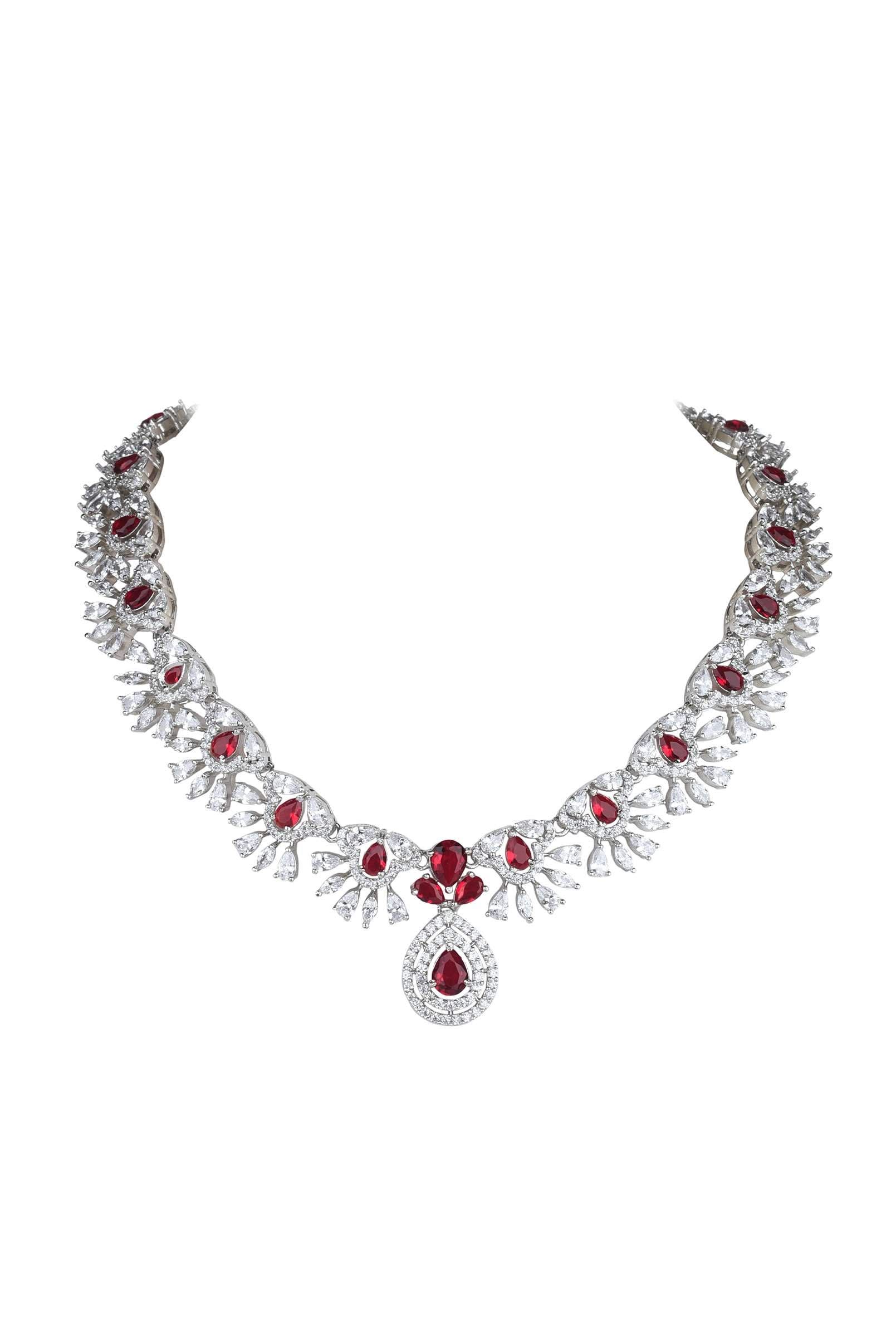 Silver Finish Short Necklace And Earring Set In Mix Metal With Ruby Stones - Image 7