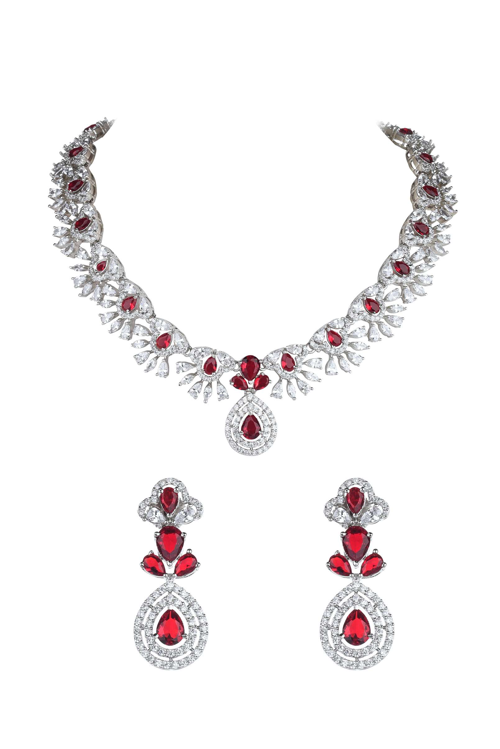 Silver Finish Short Necklace And Earring Set In Mix Metal With Ruby Stones - Image 8
