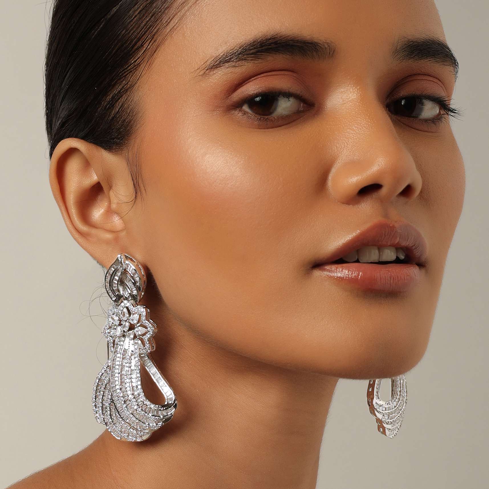 Silver Finish Statement Cocktail Earrings With Zirconia Stones