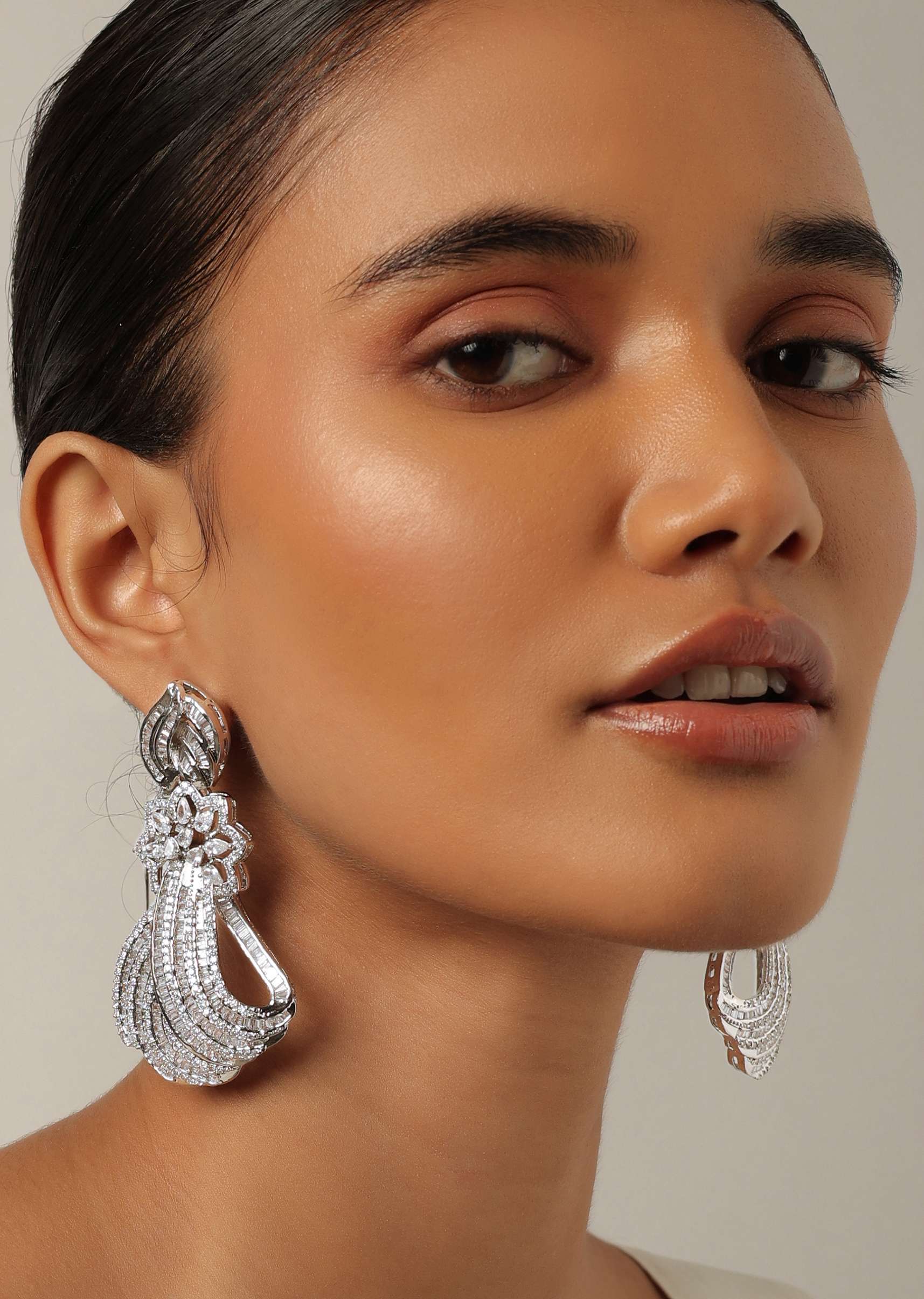 Silver Finish Statement Cocktail Earrings With Zirconia Stones - Image 2