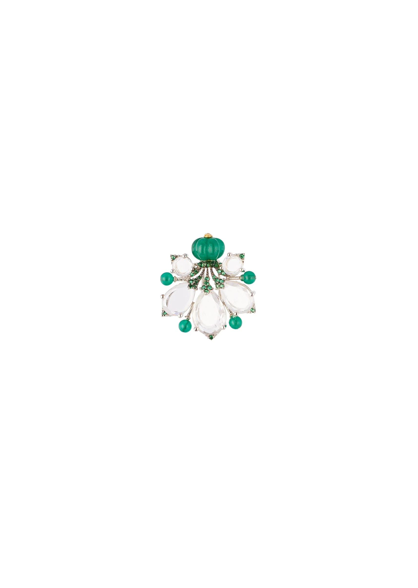 Silver Finish Whimsical Floral Stud Earrings With Green Carved Stone and Clear Pear Cut Simulated Stones - Image 3