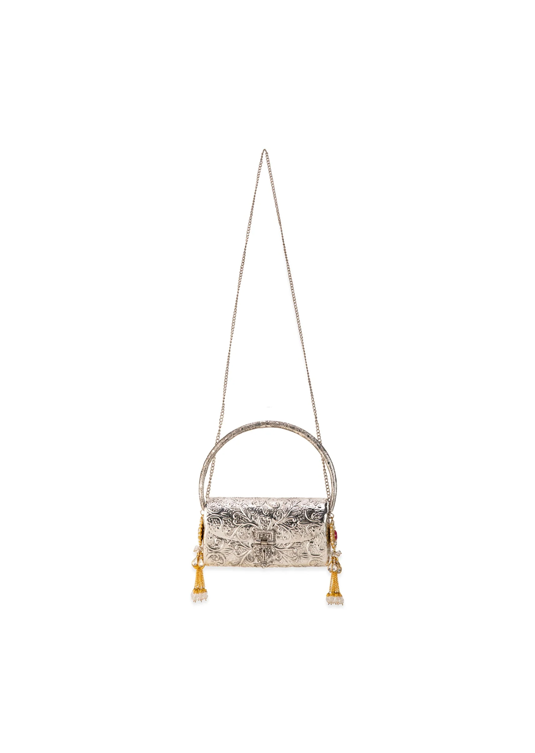 Silver Floral Embossed Textured Metal Bag - Image 5