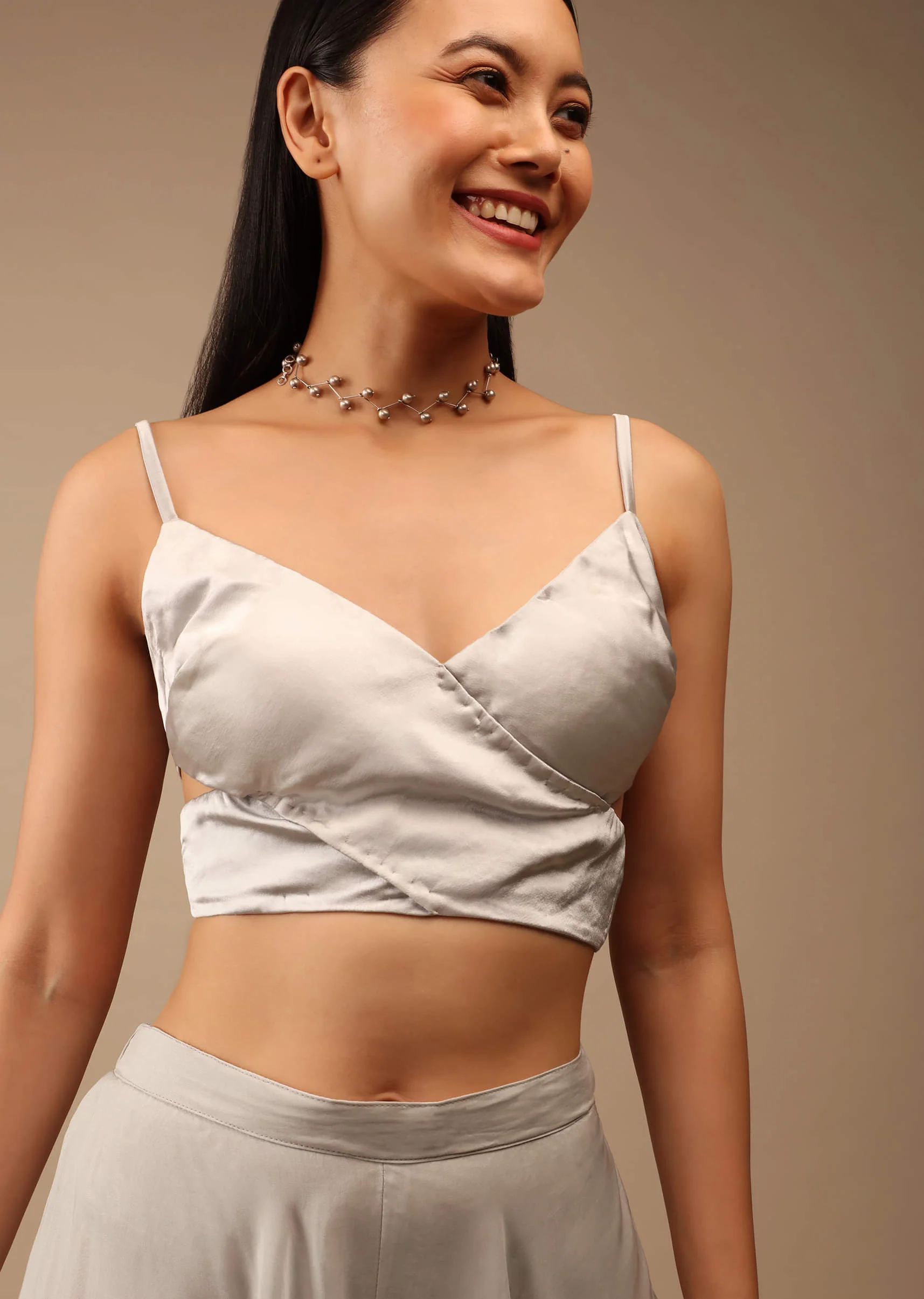 Silver Grey Blouse In Satin With A Wrap Around Design And Side Cut Outs - Image 6