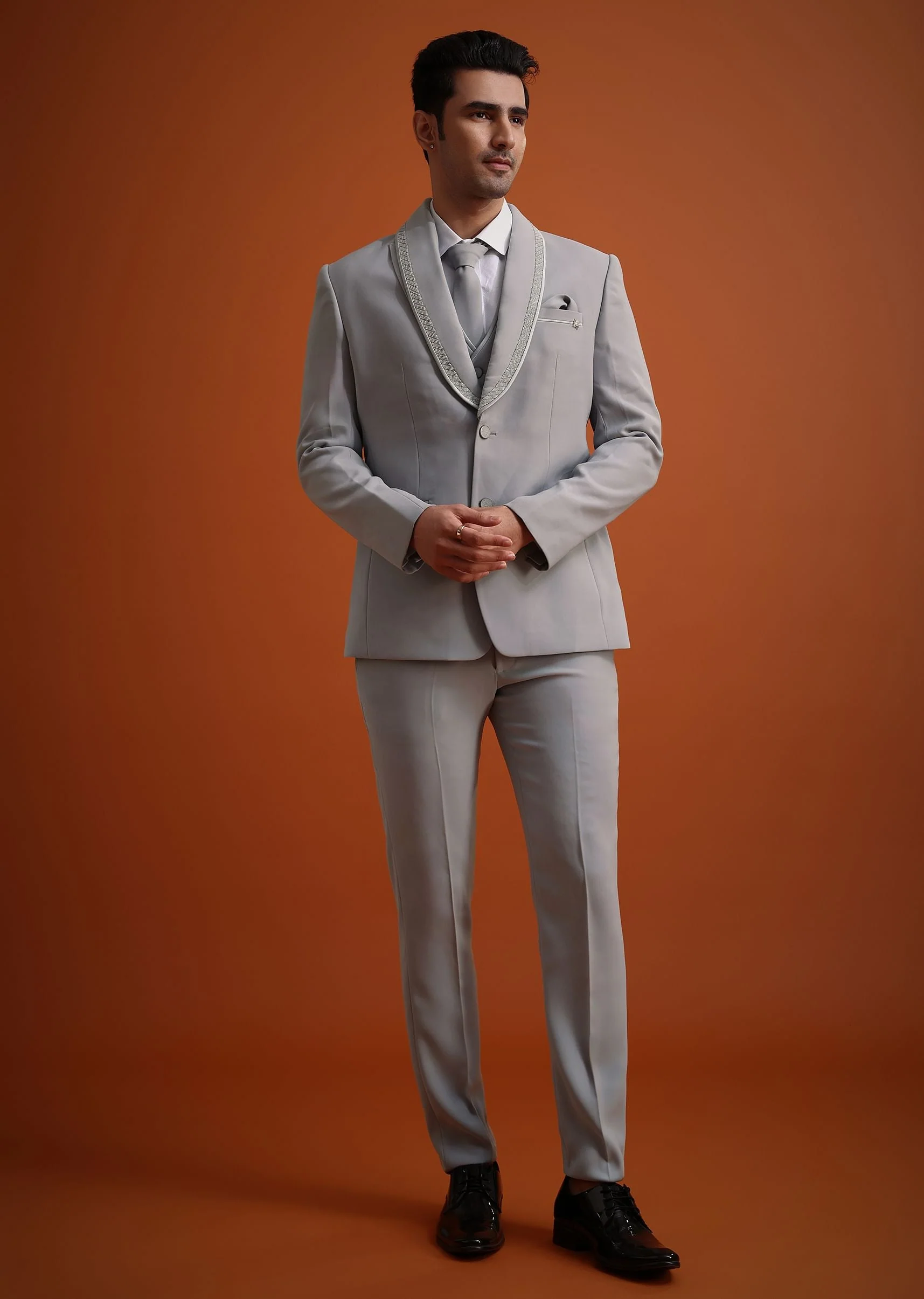 Silver Grey Cutdana Work Tuxedo And Pant Set - Image 3