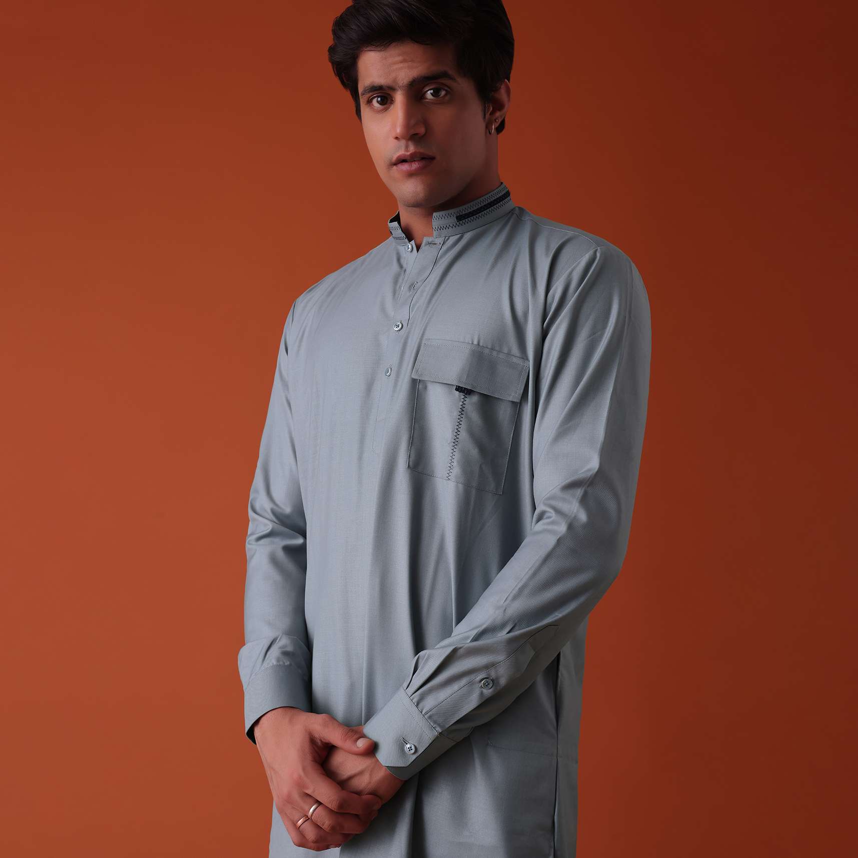 Silver Grey Pathani Kurta Set In Terry Rayon WIth Threadwork - Image 2