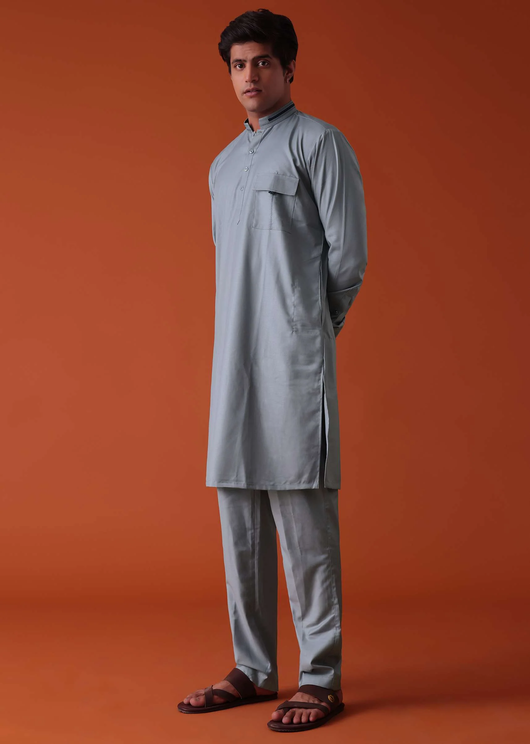 Silver Grey Pathani Kurta Set In Terry Rayon WIth Threadwork - Image 3