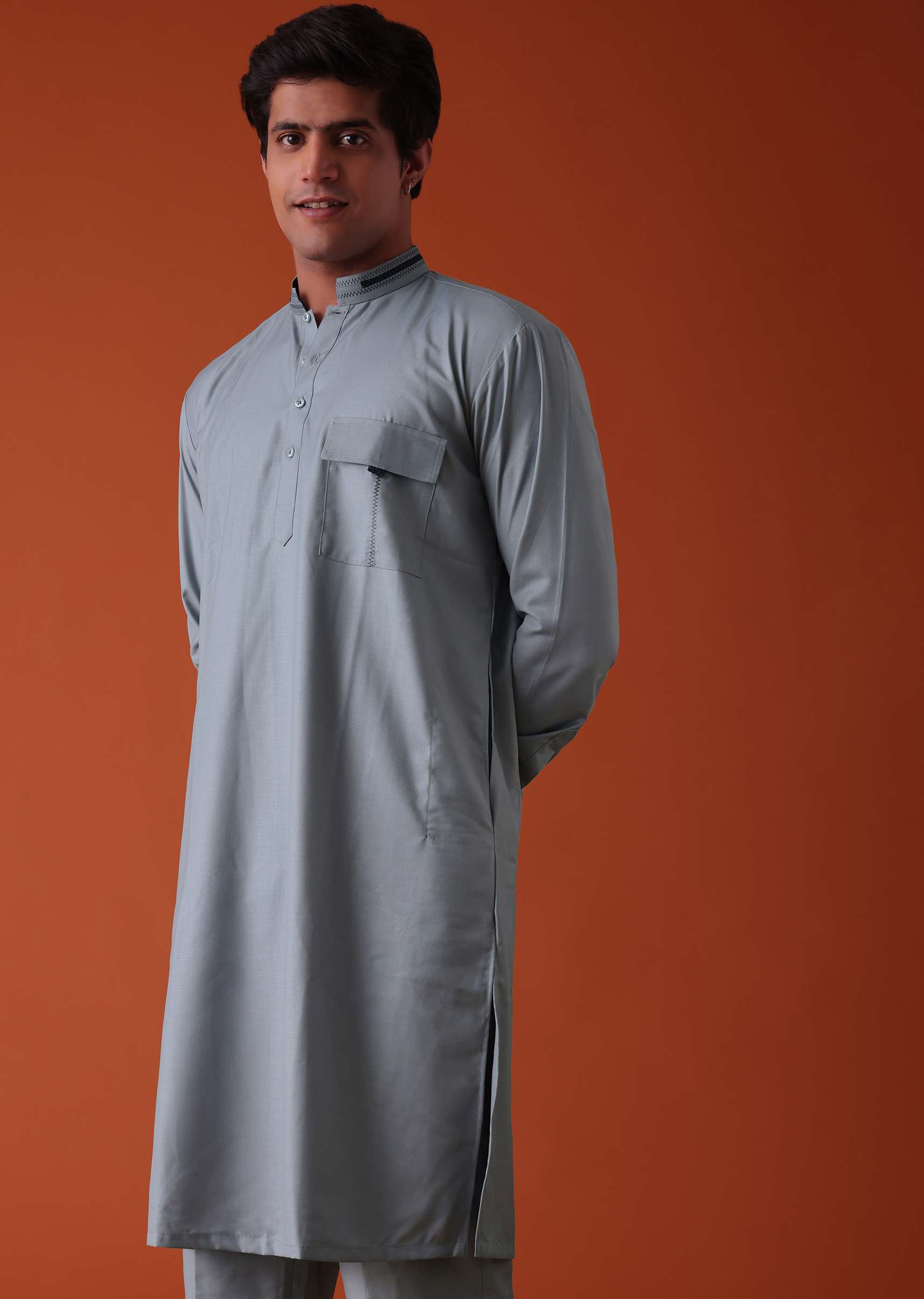 Silver Grey Pathani Kurta Set In Terry Rayon WIth Threadwork - Image 4