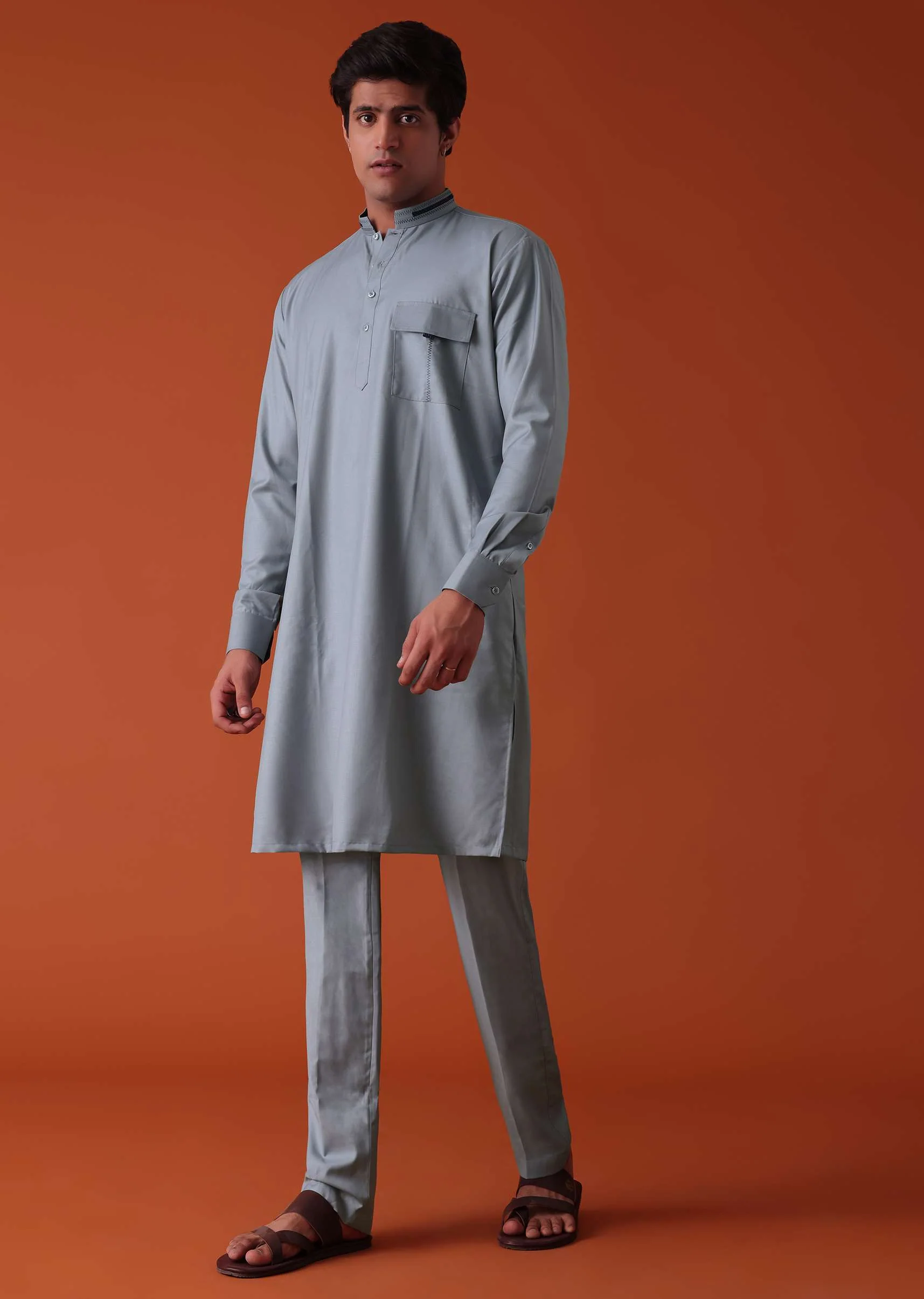 Silver Grey Pathani Kurta Set In Terry Rayon WIth Threadwork - Image 5