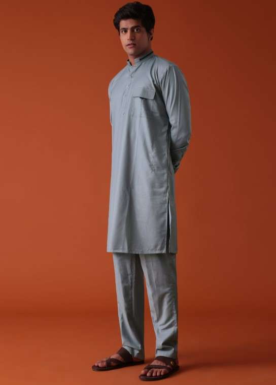 Silver Grey Pathani Kurta Set In Terry Rayon WIth Threadwork - Image 6
