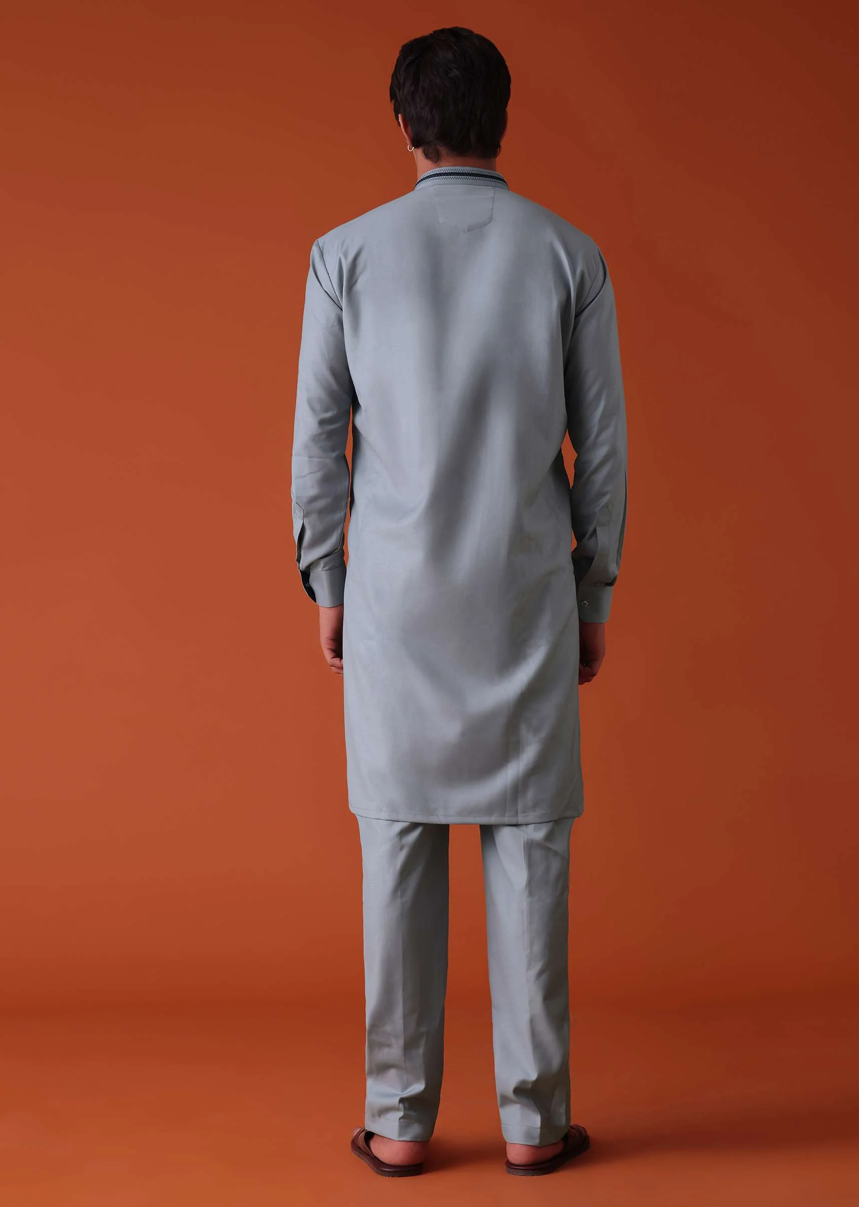 Silver Grey Pathani Kurta Set In Terry Rayon WIth Threadwork - Image 7