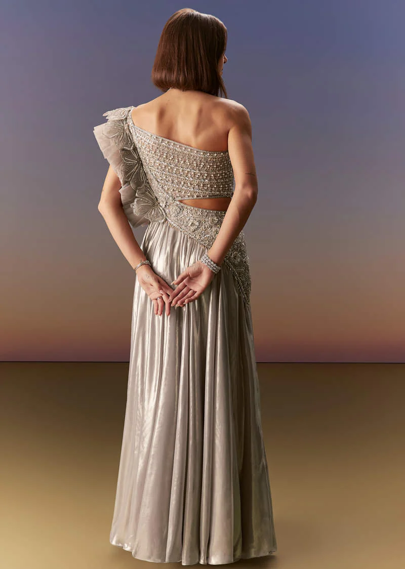 Silver One Shoulder Gown With Intricate Cut Dana Embroidery - Image 2