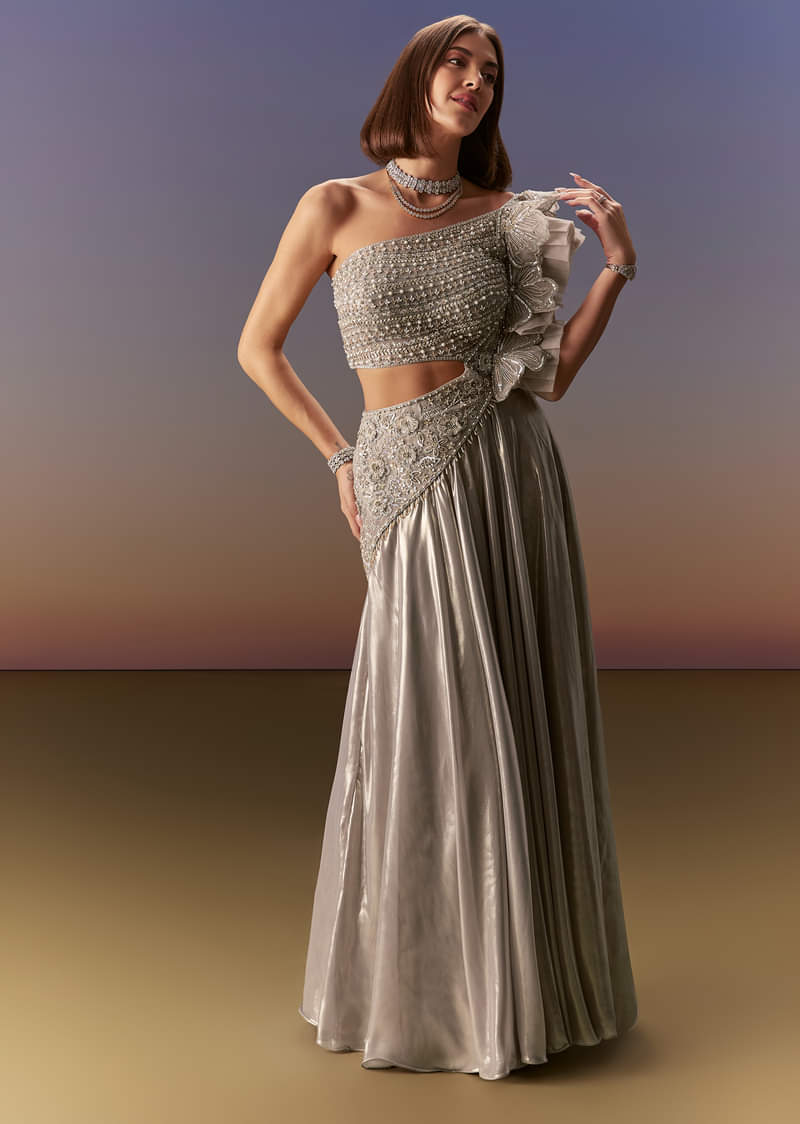 Silver One Shoulder Gown With Intricate Cut Dana Embroidery - Image 4