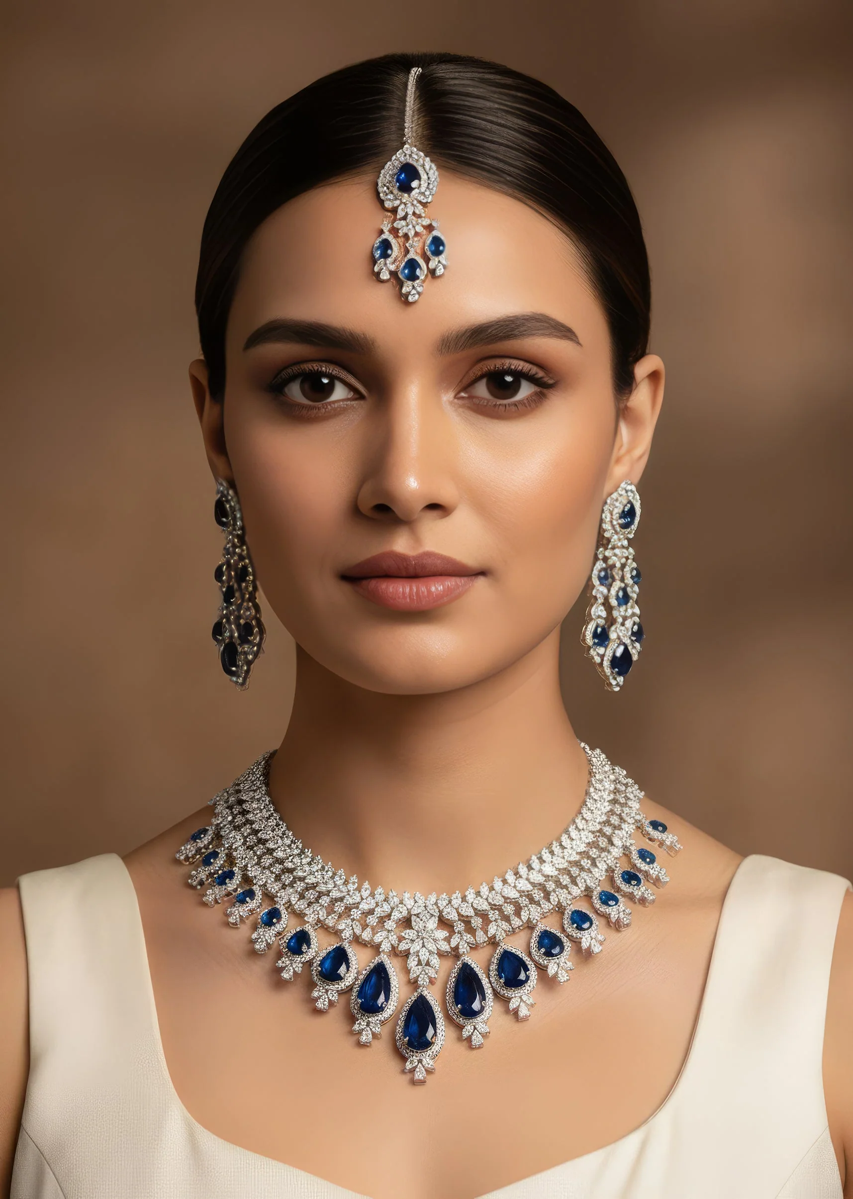 Silver Plated Blue Zircon Short Necklace Set With Dangler Earrings And Maangtikka