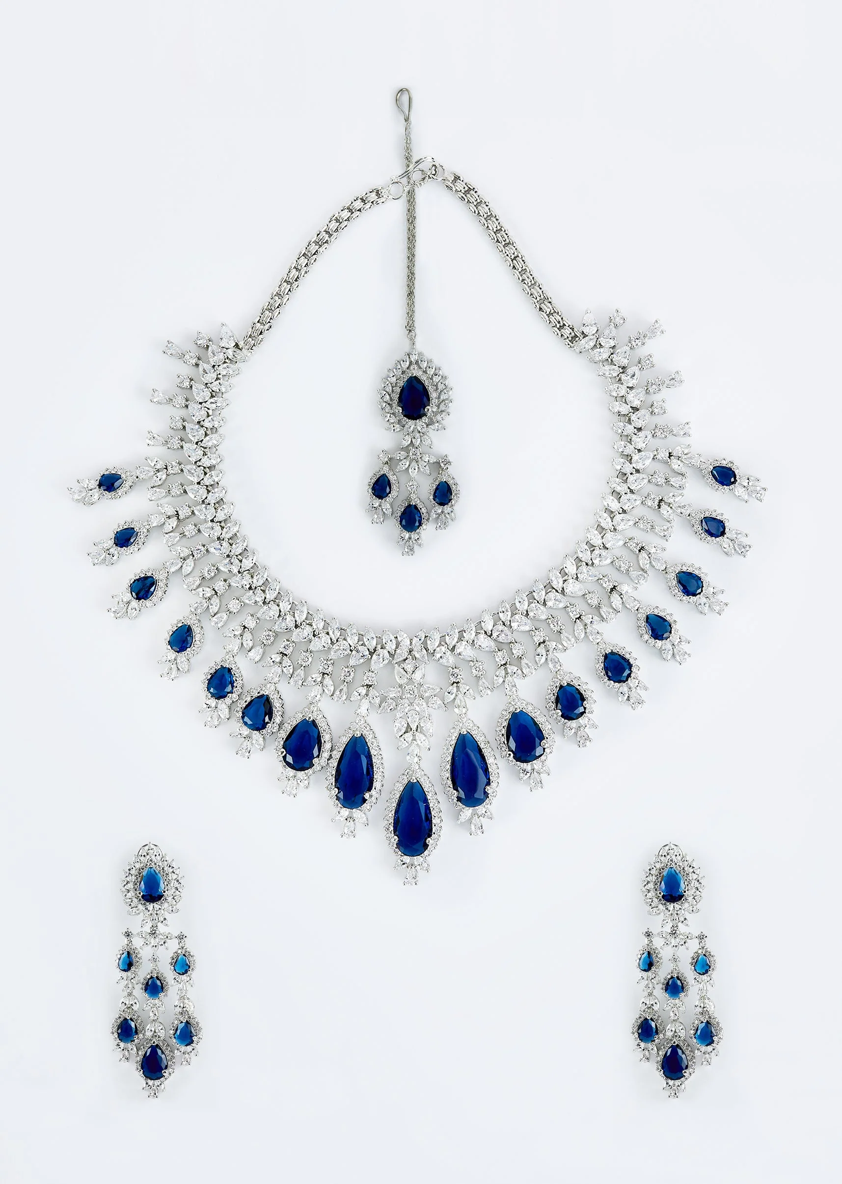 Silver Plated Blue Zircon Short Necklace Set With Dangler Earrings And Maangtikka - Image 2