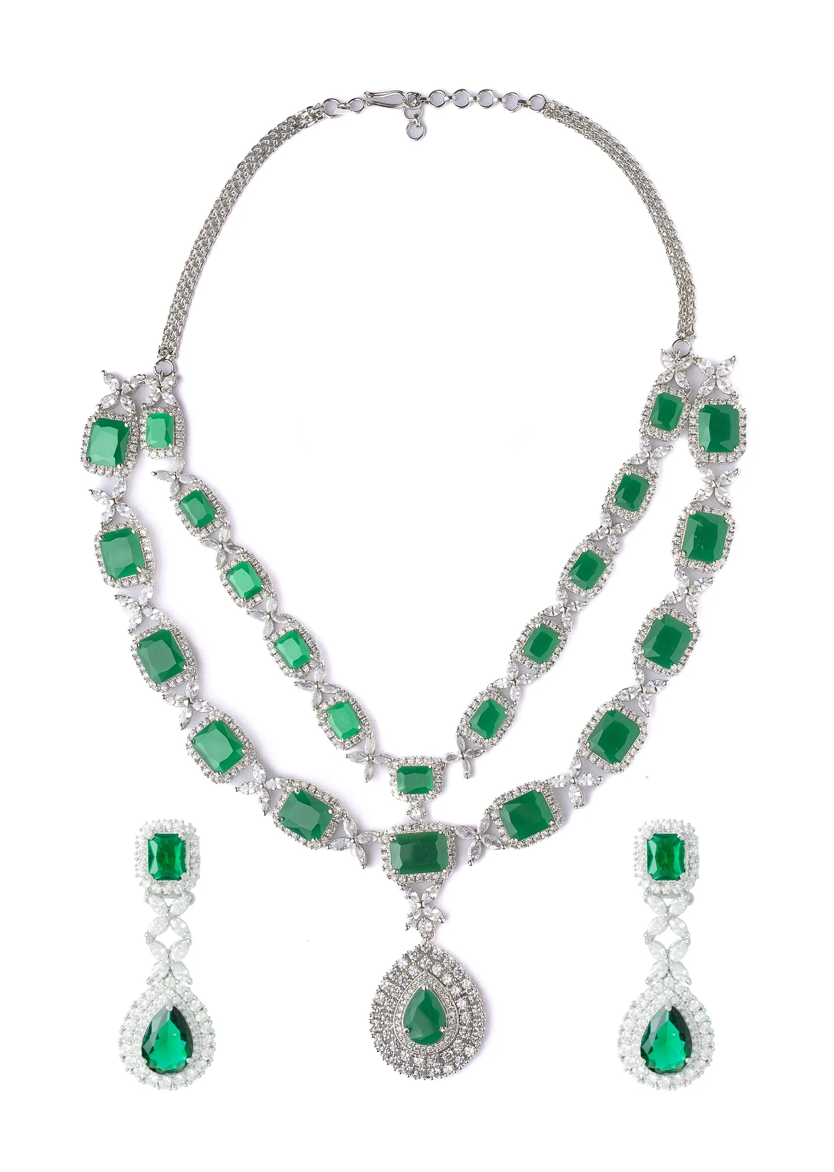 Silver Plated Green Emerald Synthetic Zircon Necklace Set With Earrings - Image 2