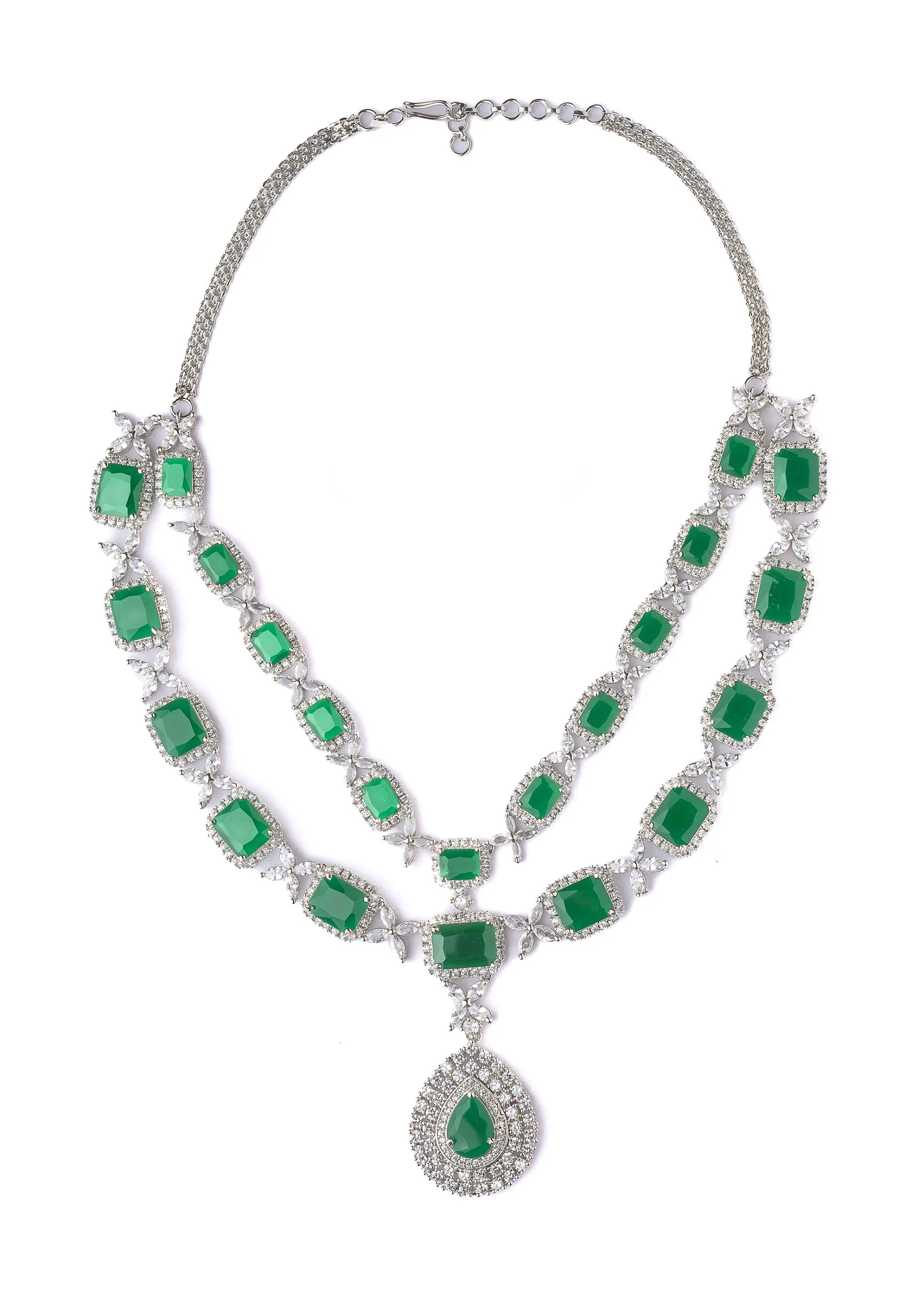 Silver Plated Green Emerald Synthetic Zircon Necklace Set With Earrings - Image 3