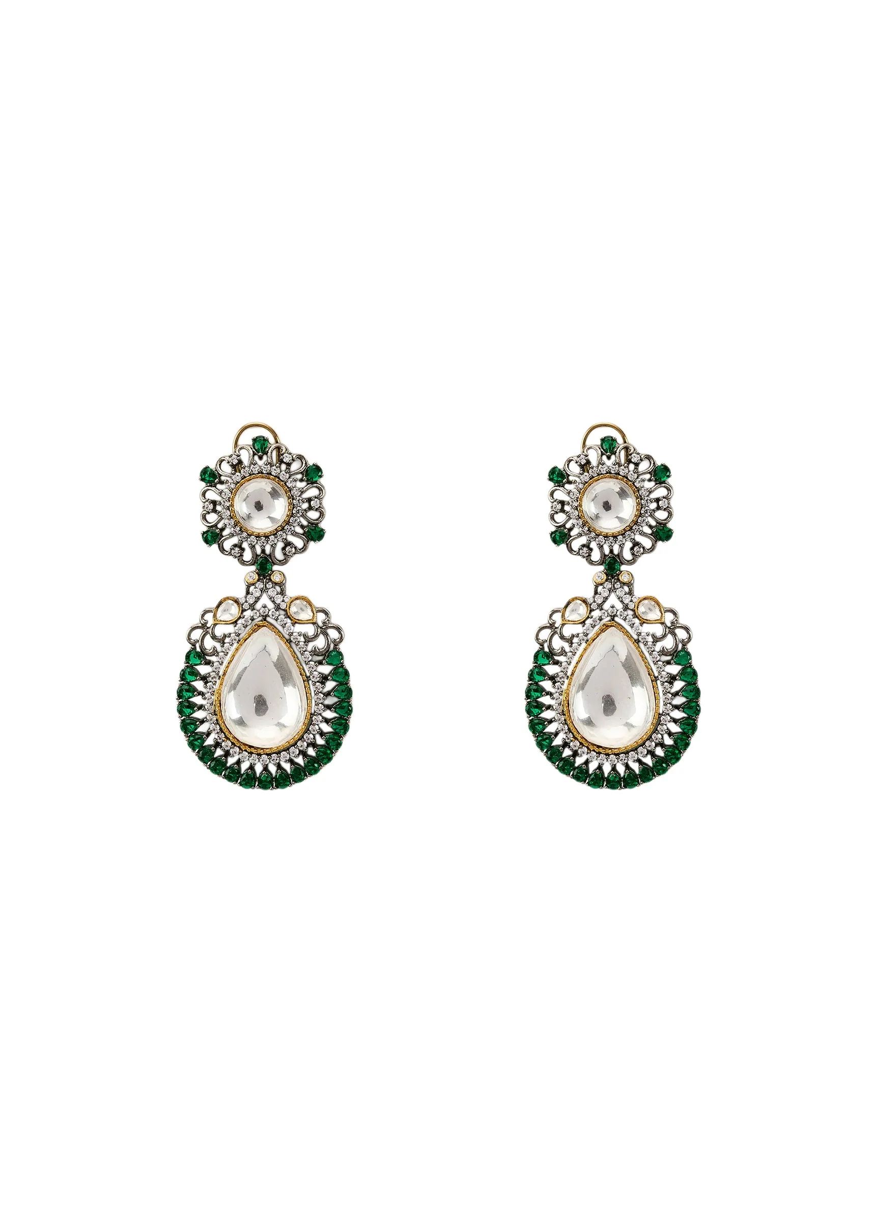 Silver Plated Green Kundan Polki Drop Earrings - Image 2