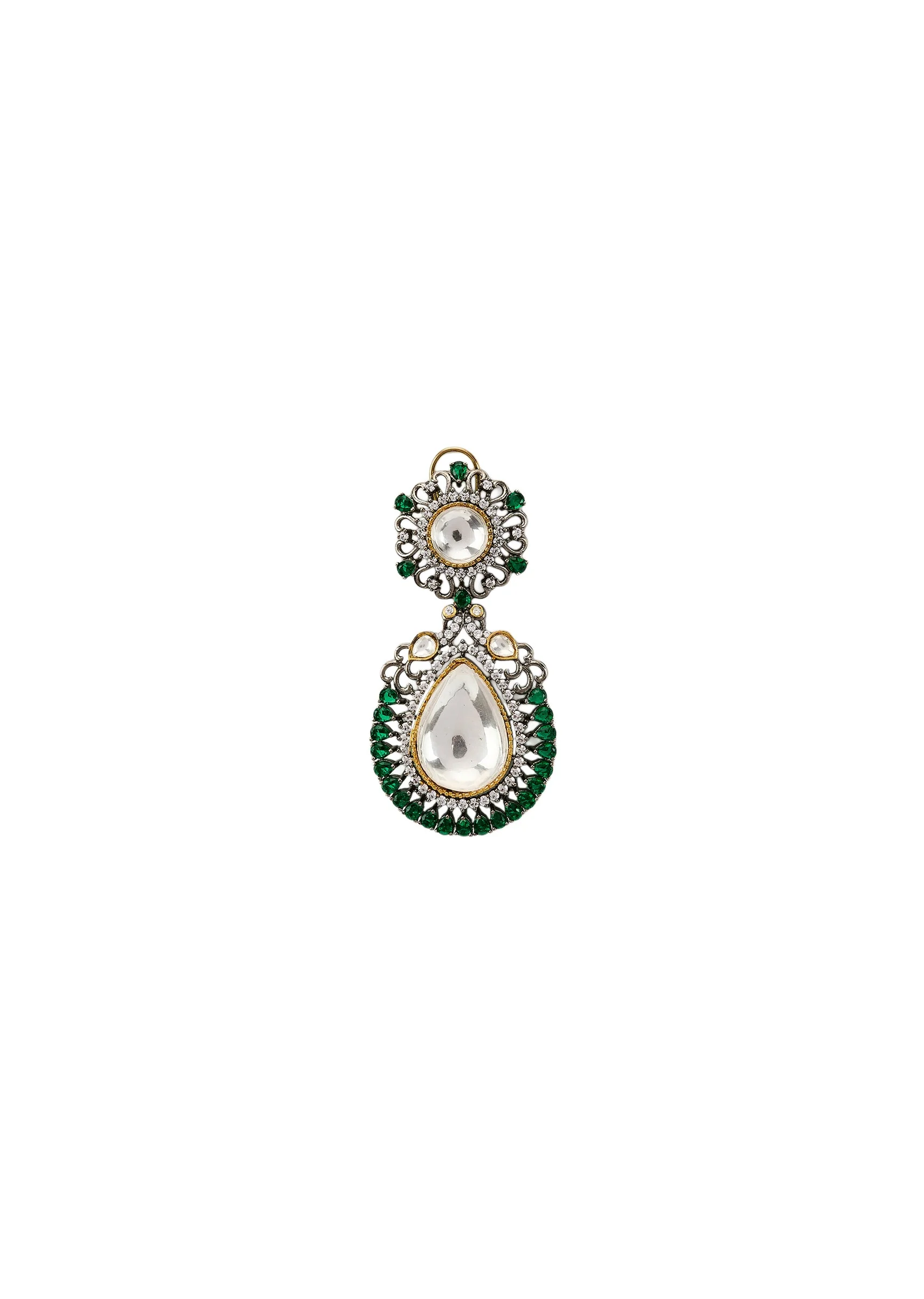 Silver Plated Green Kundan Polki Drop Earrings - Image 3