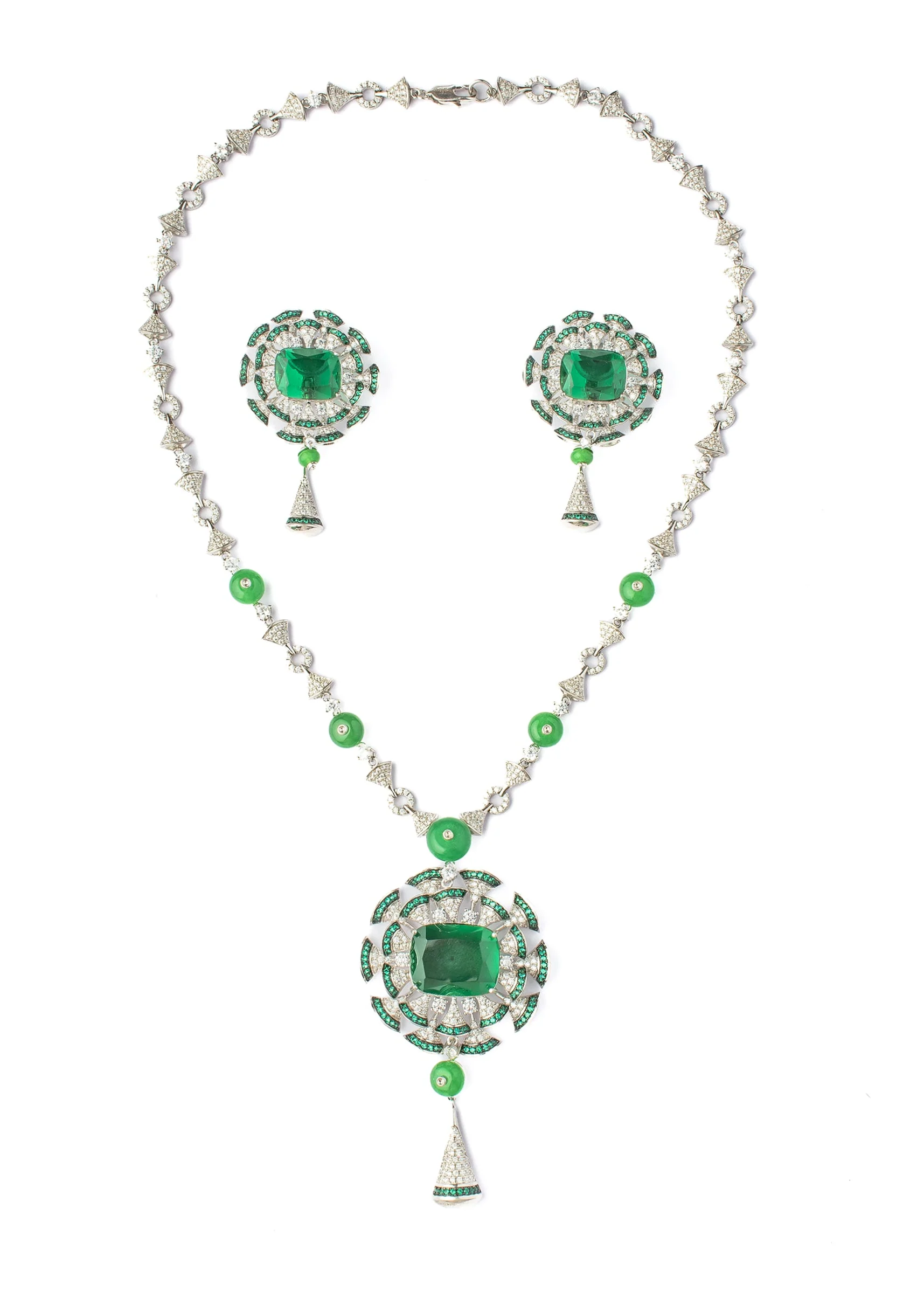 Silver Plated Green Zircon Long Necklace Set With Earrings - Image 2
