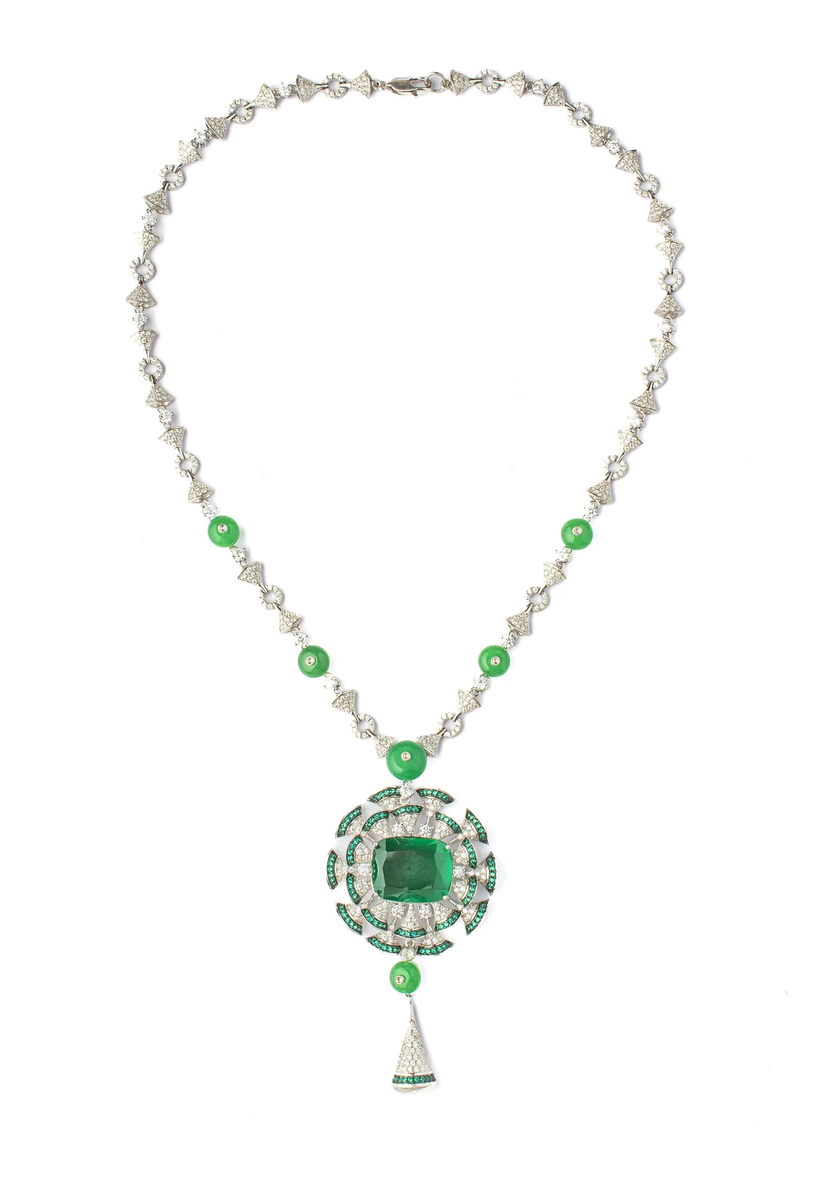 Silver Plated Green Zircon Long Necklace Set With Earrings - Image 3