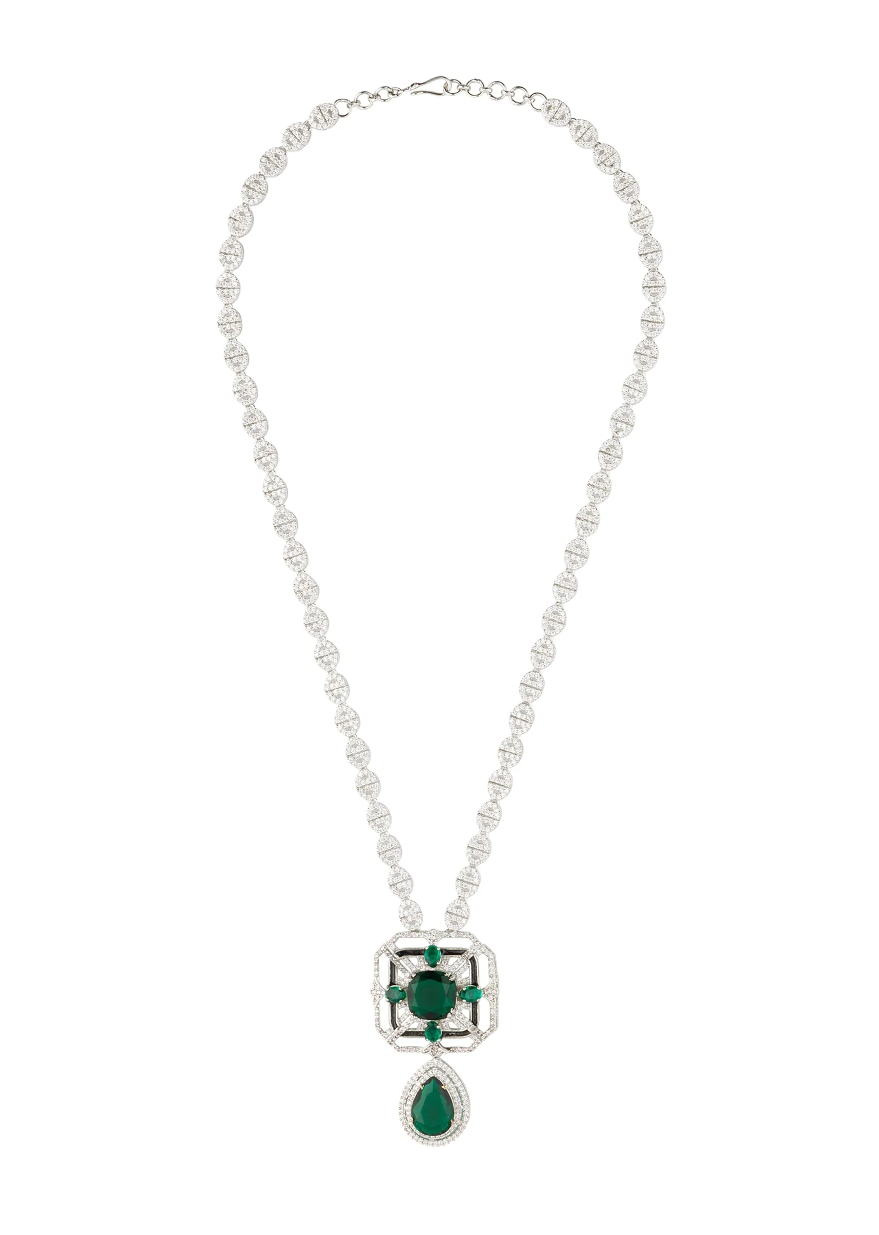 Silver Plated Green Zircon Short Necklace Set With Earrings - Image 3