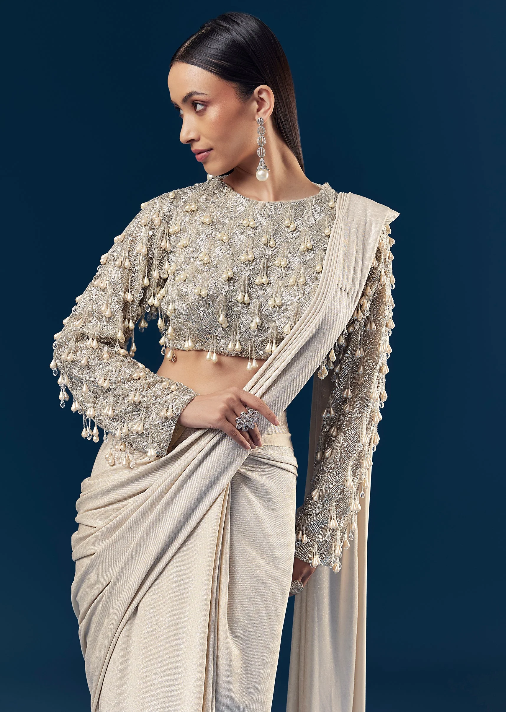 Silver Ready Pleated Indo Western Saree With Pearl And Cut Dana Embellished Full Sleeve Blouse - Image 5
