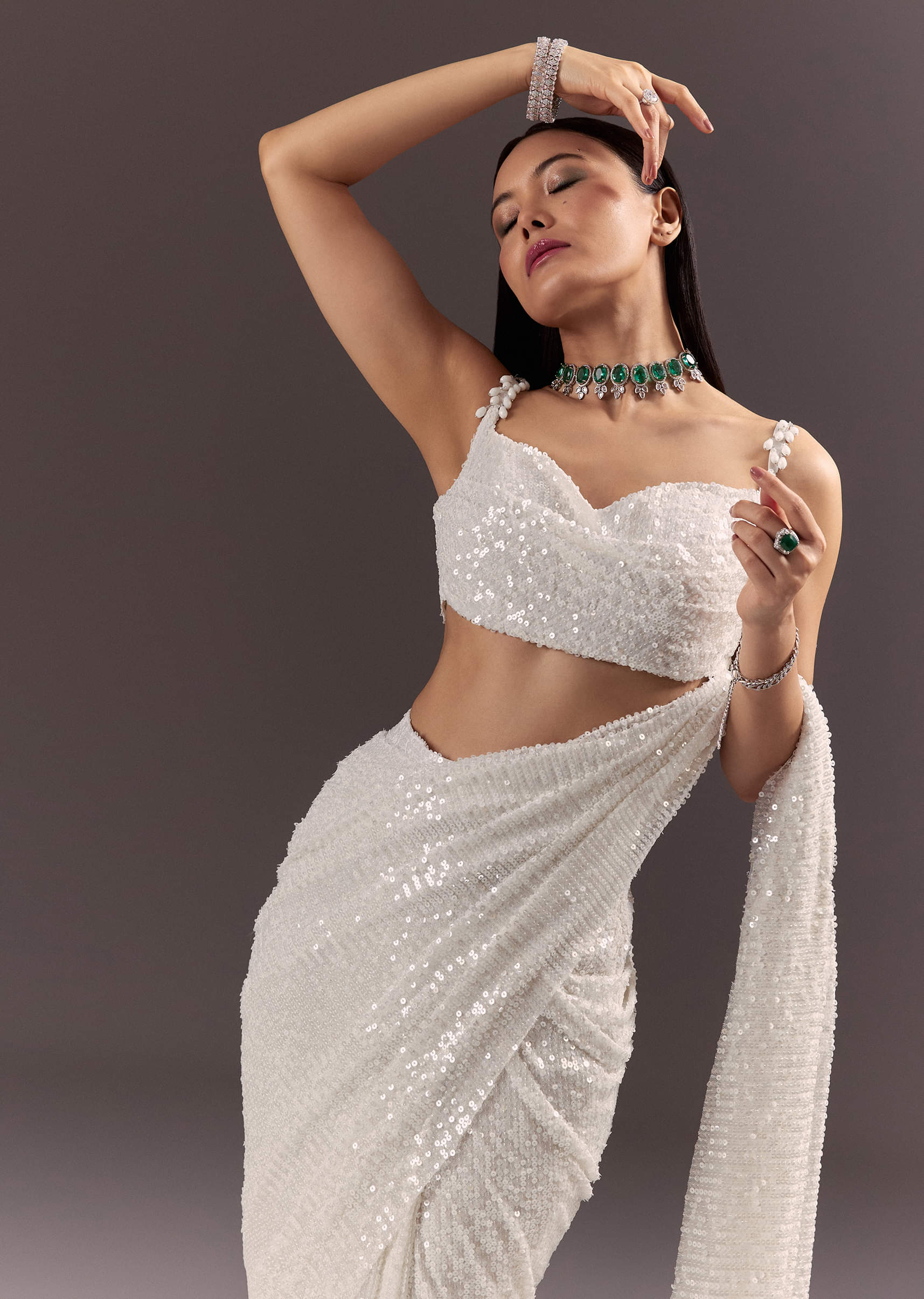 Silver Round Neck Blouse With Ready Drape Saree - Image 2