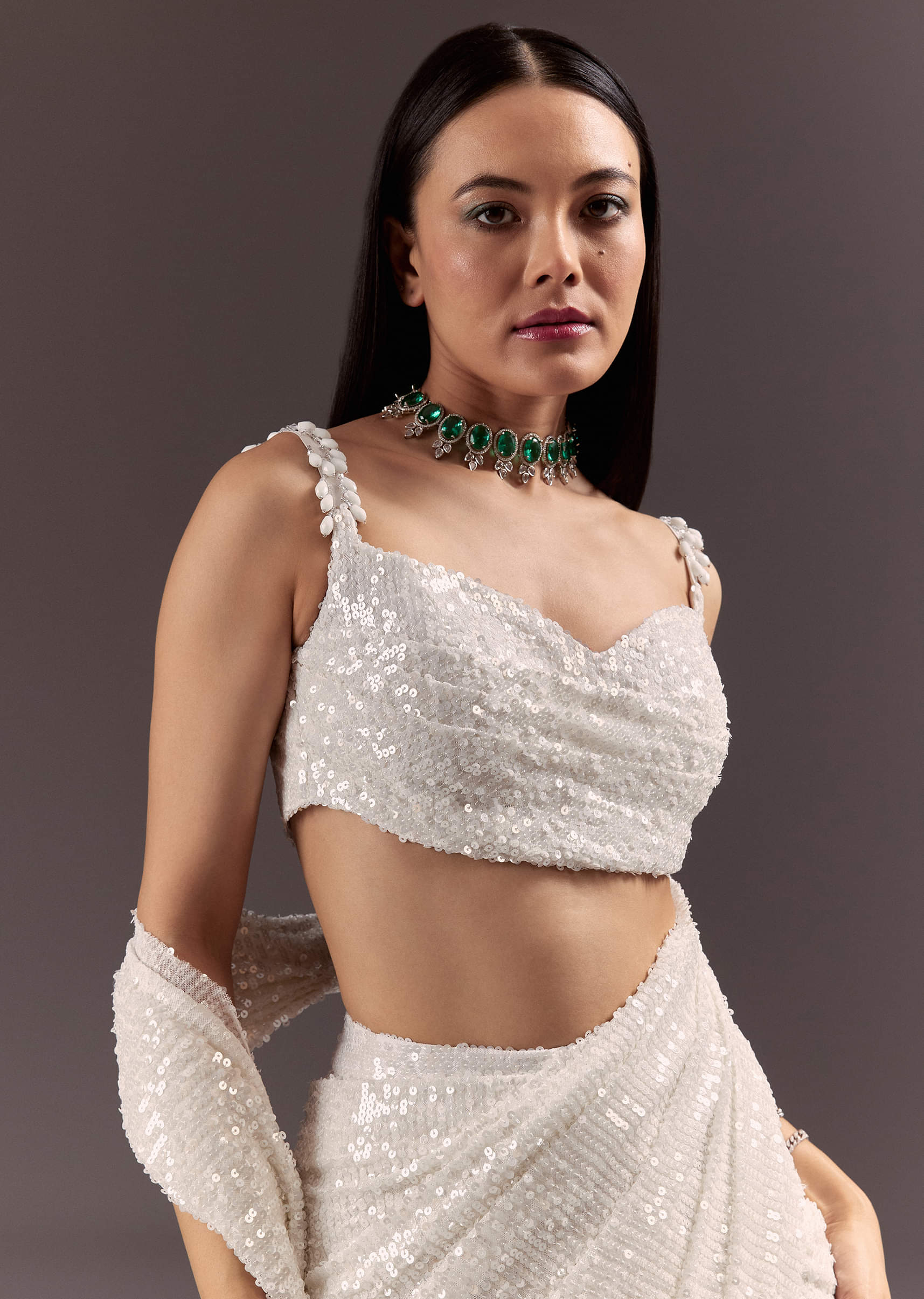 Silver Round Neck Blouse With Ready Drape Saree - Image 3