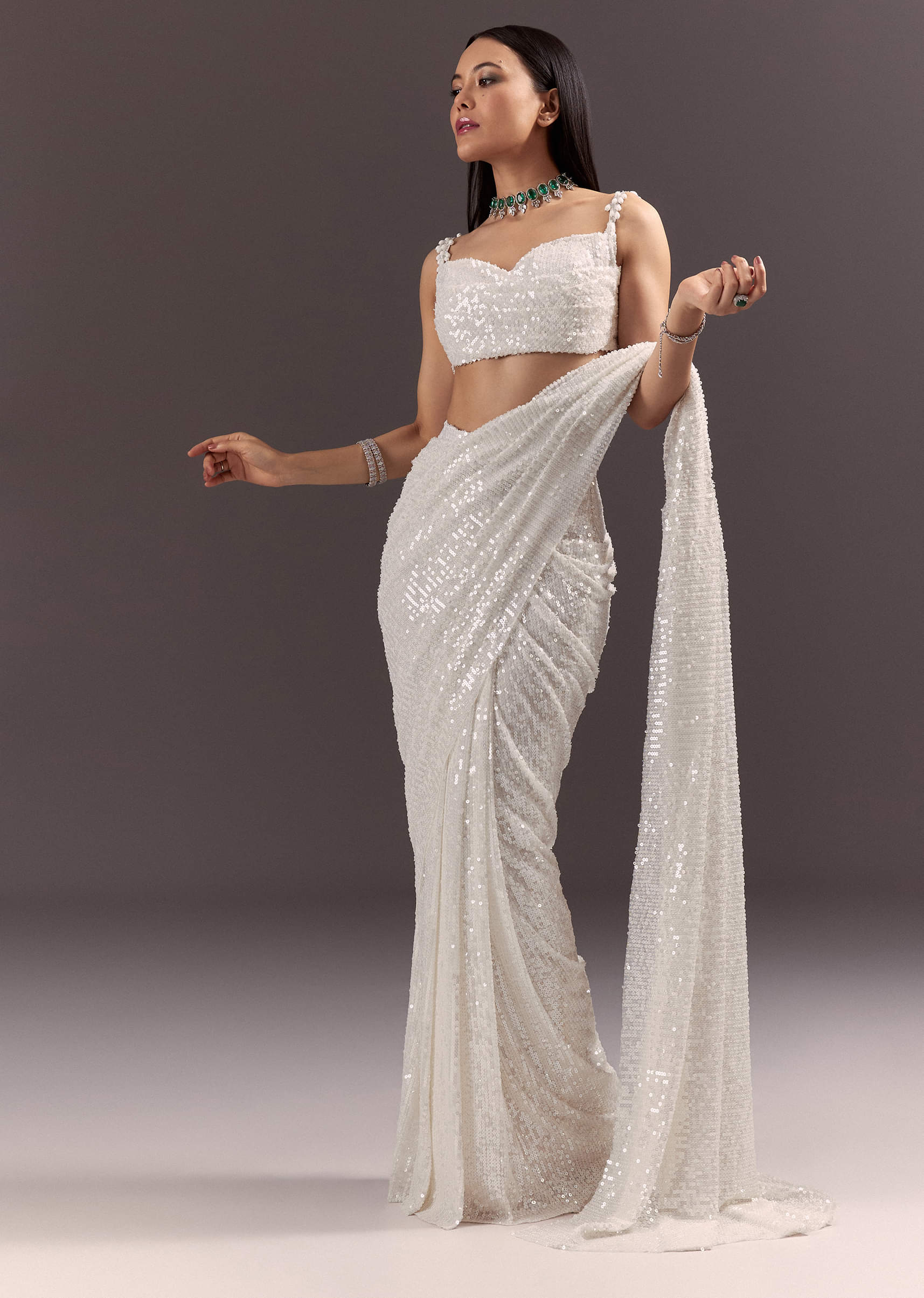 Silver Round Neck Blouse With Ready Drape Saree - Image 4