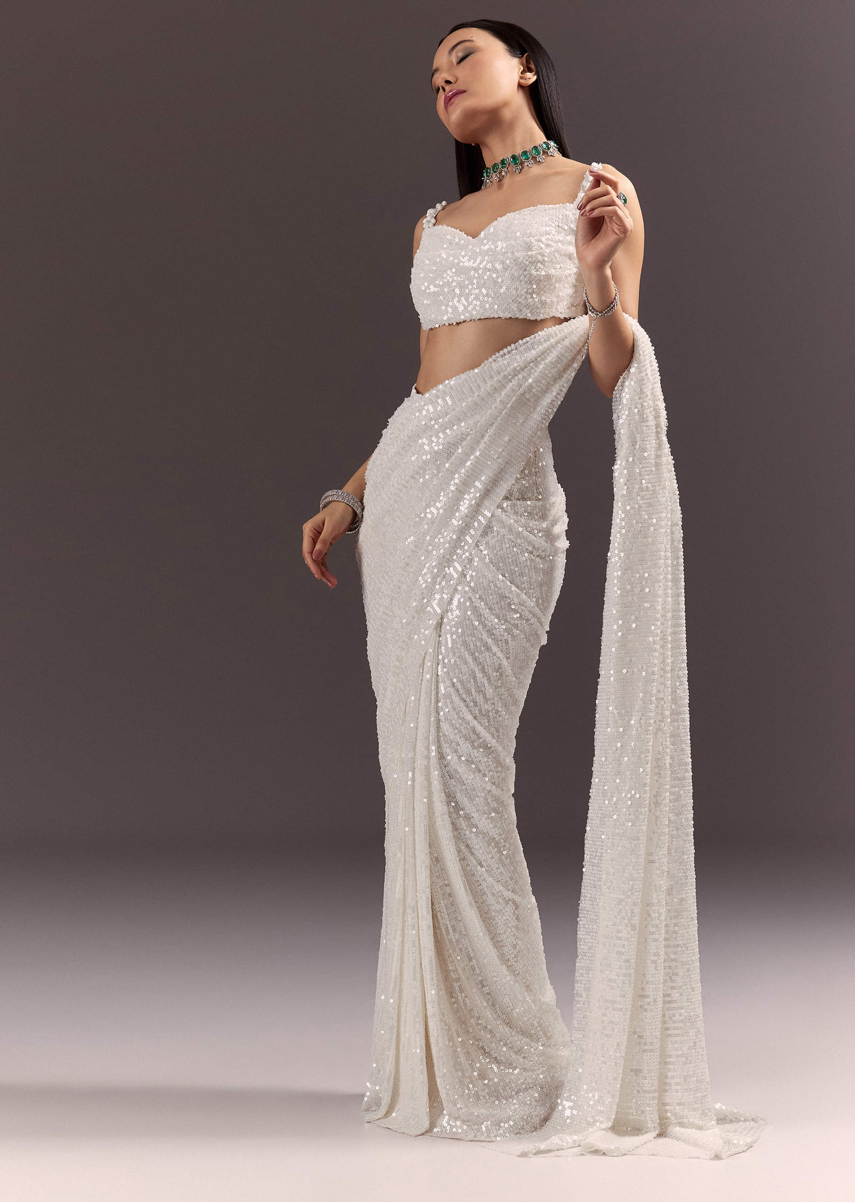 Silver Round Neck Blouse With Ready Drape Saree - Image 5