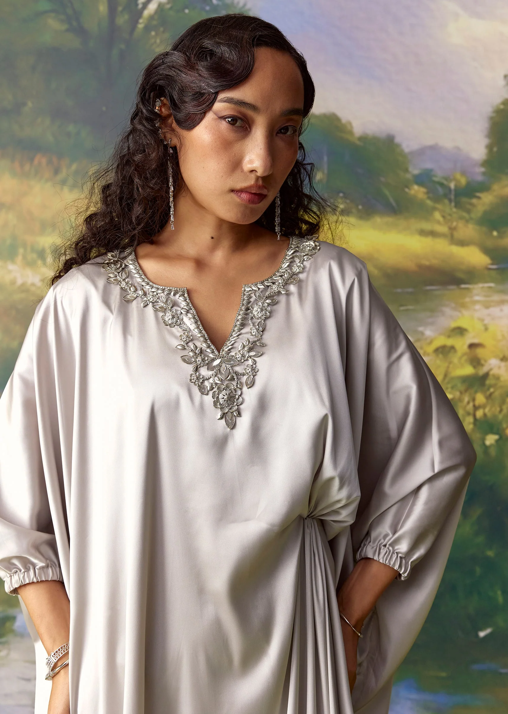 Silver Satin Metal Embellished Kaftan Set - Image 3