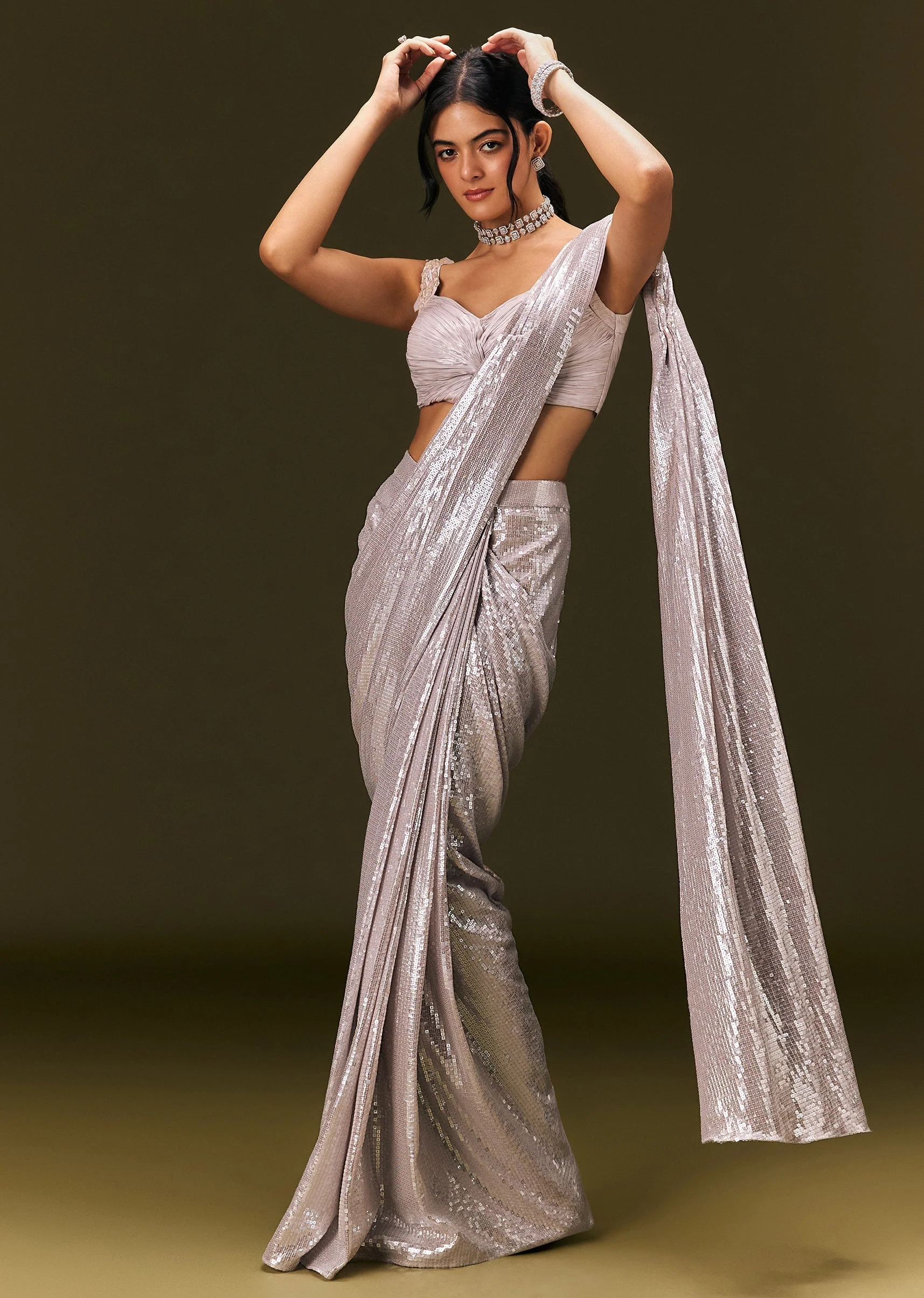 Silver Sequin Stone Embroidered Readymade Saree With Ruched Blouse - Image 4