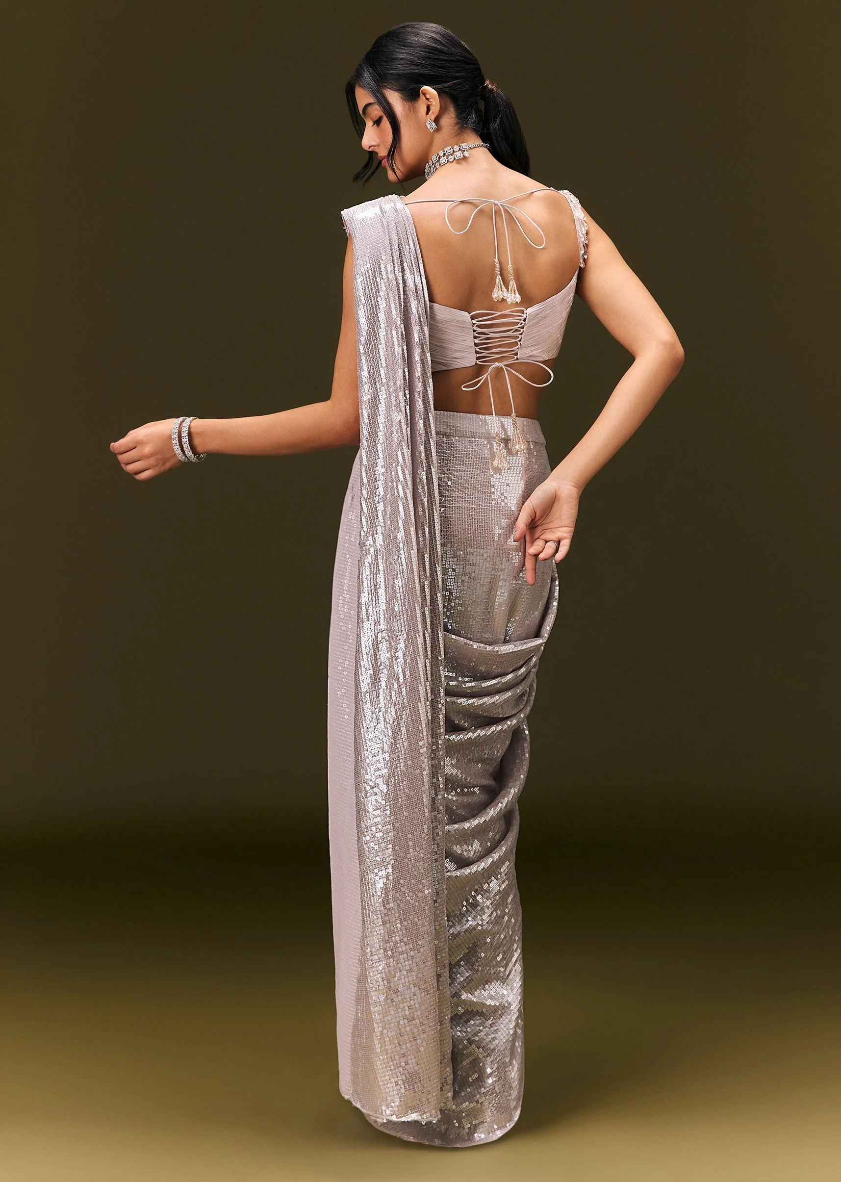 Silver Sequin Stone Embroidered Readymade Saree With Ruched Blouse - Image 5