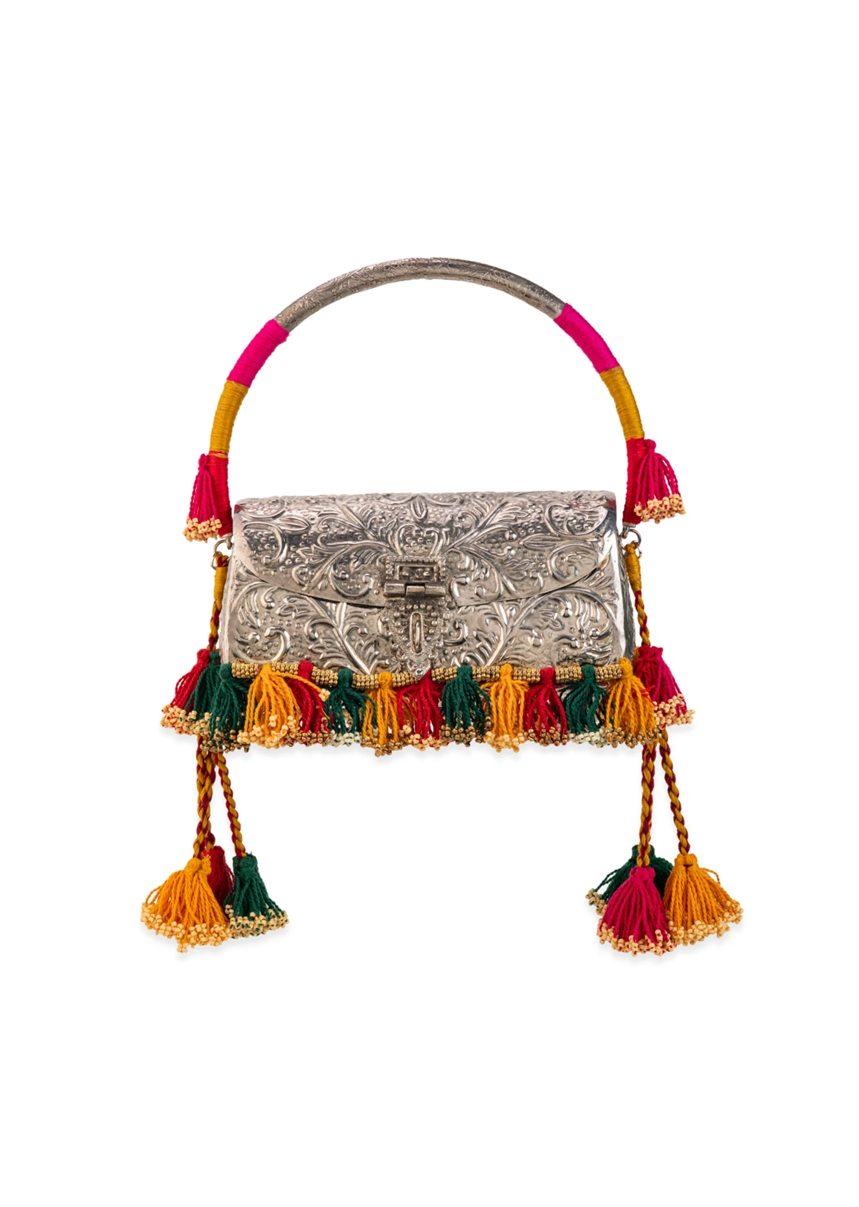 Silver Textured Bag with Multi Tassels - Image 2