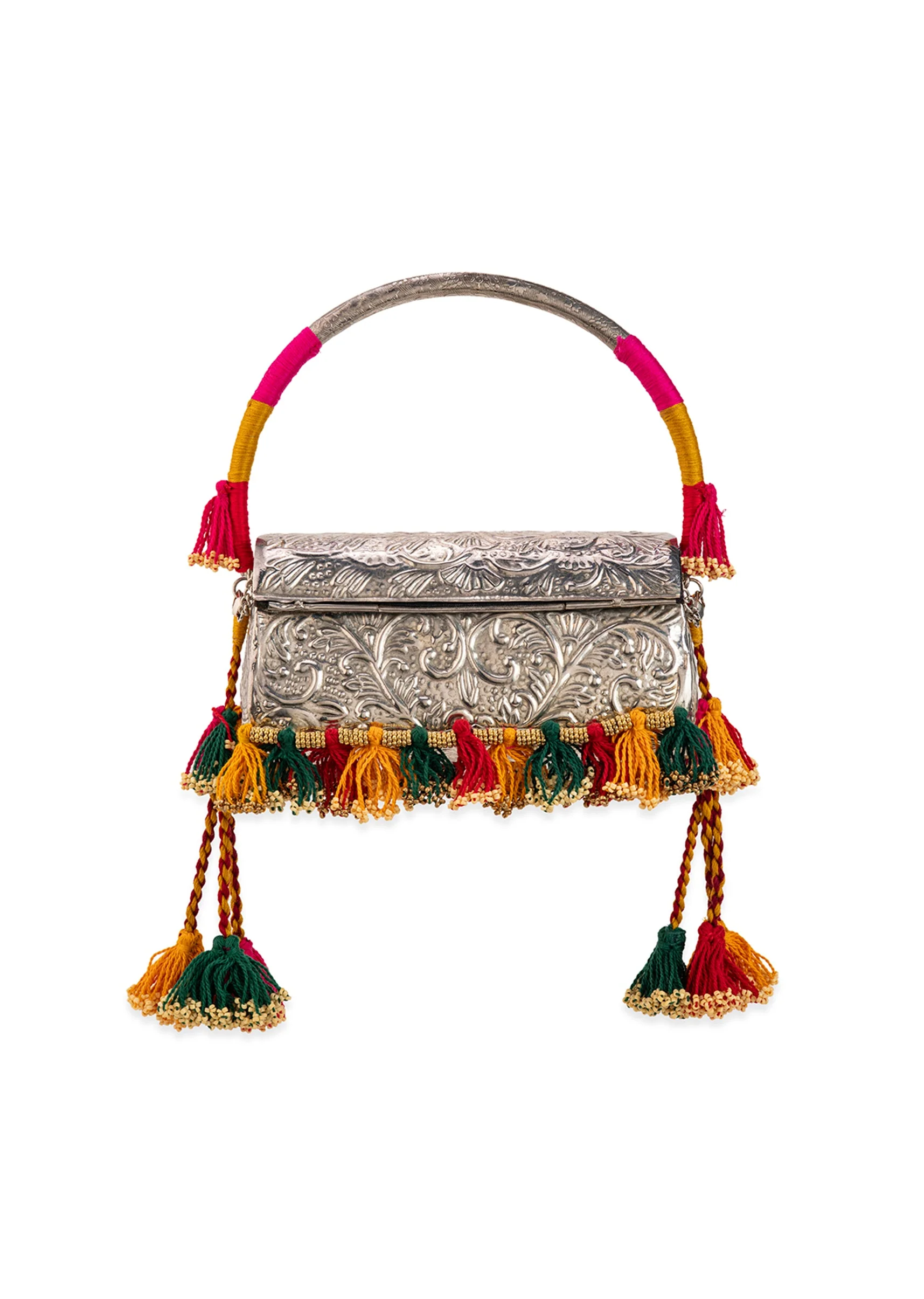 Silver Textured Bag with Multi Tassels - Image 3