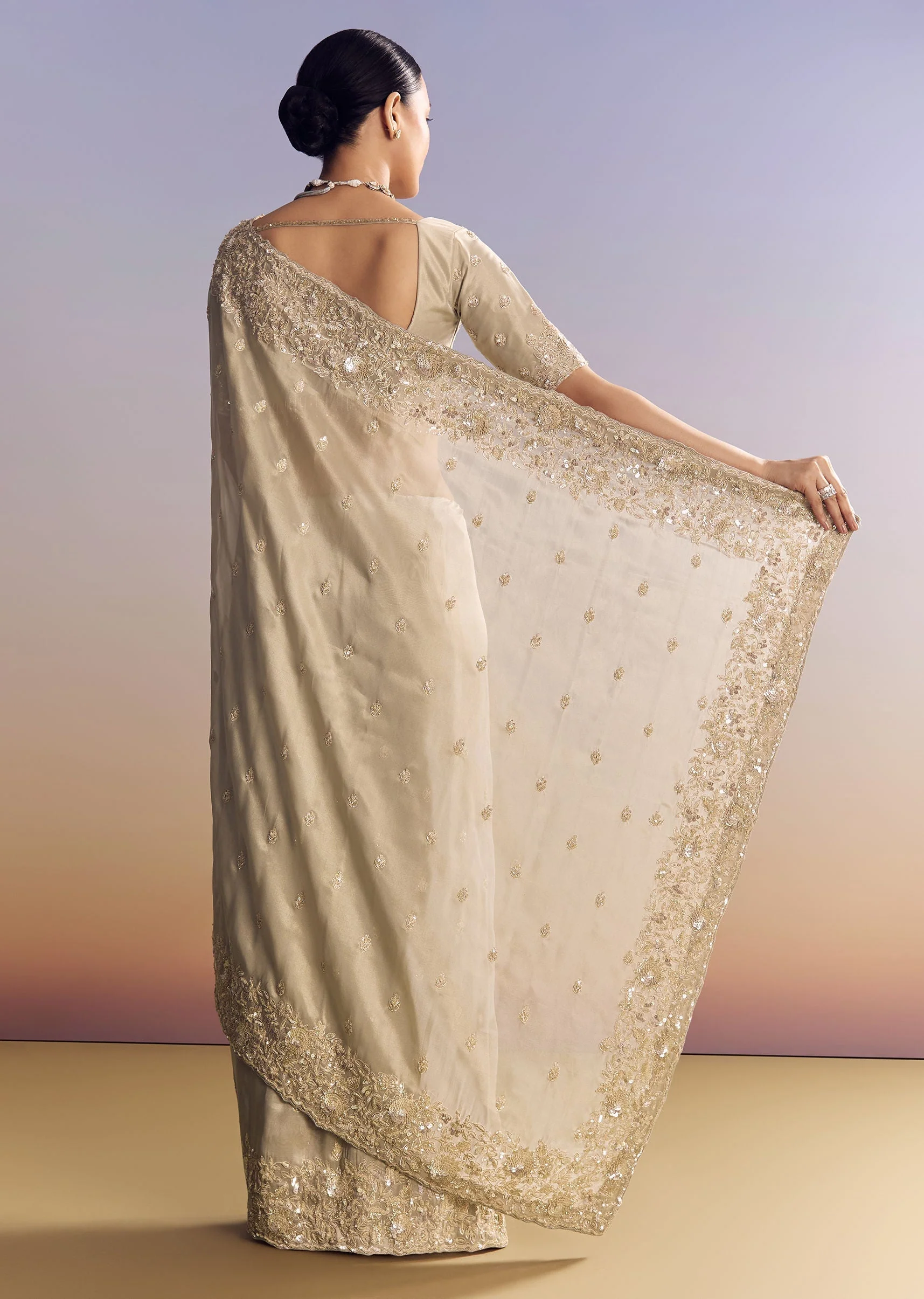 Silver Tissue Saree Embellished With Beads And Sequins - Image 4